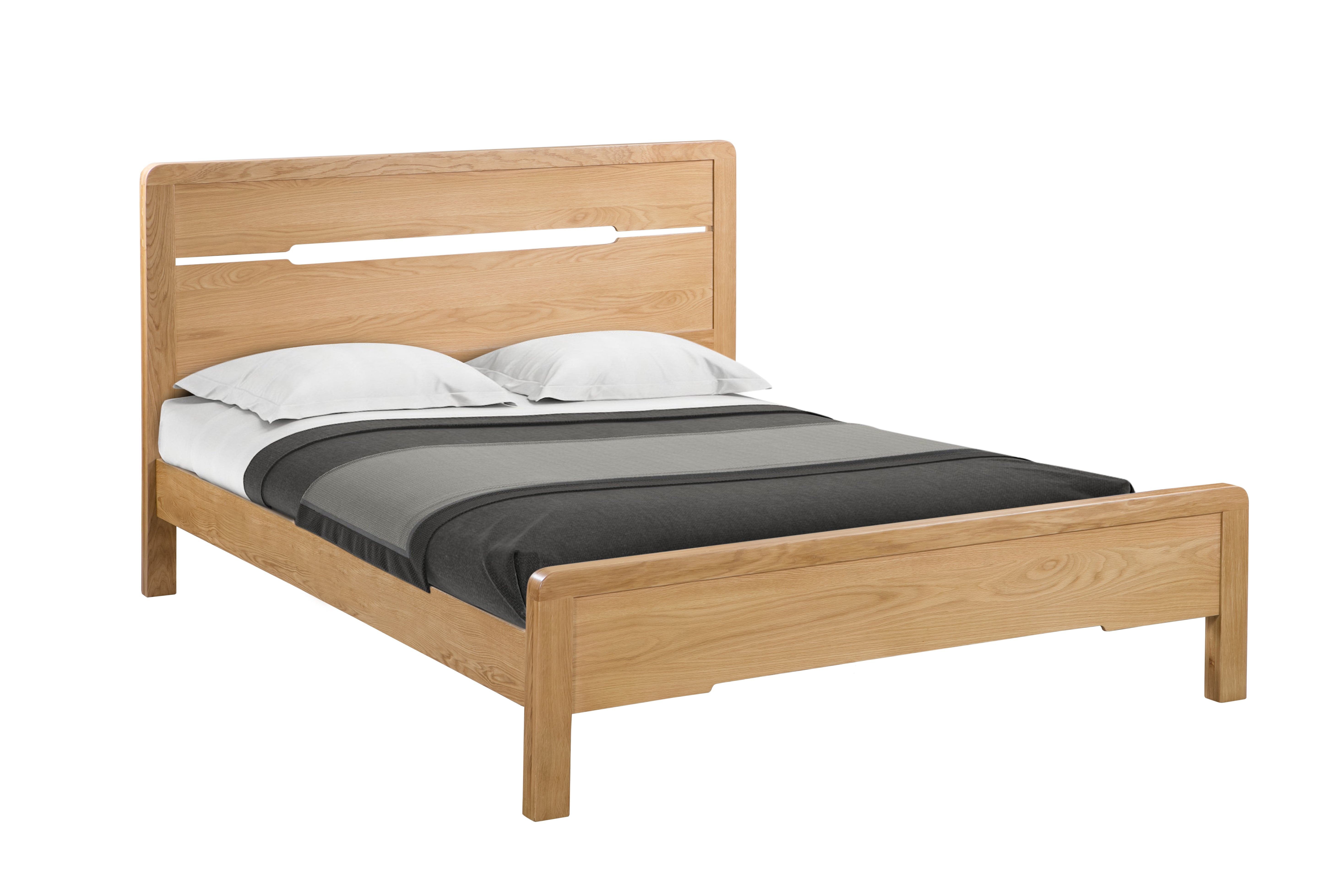 Wooden bed with white bedding and a black blanket on a white background
