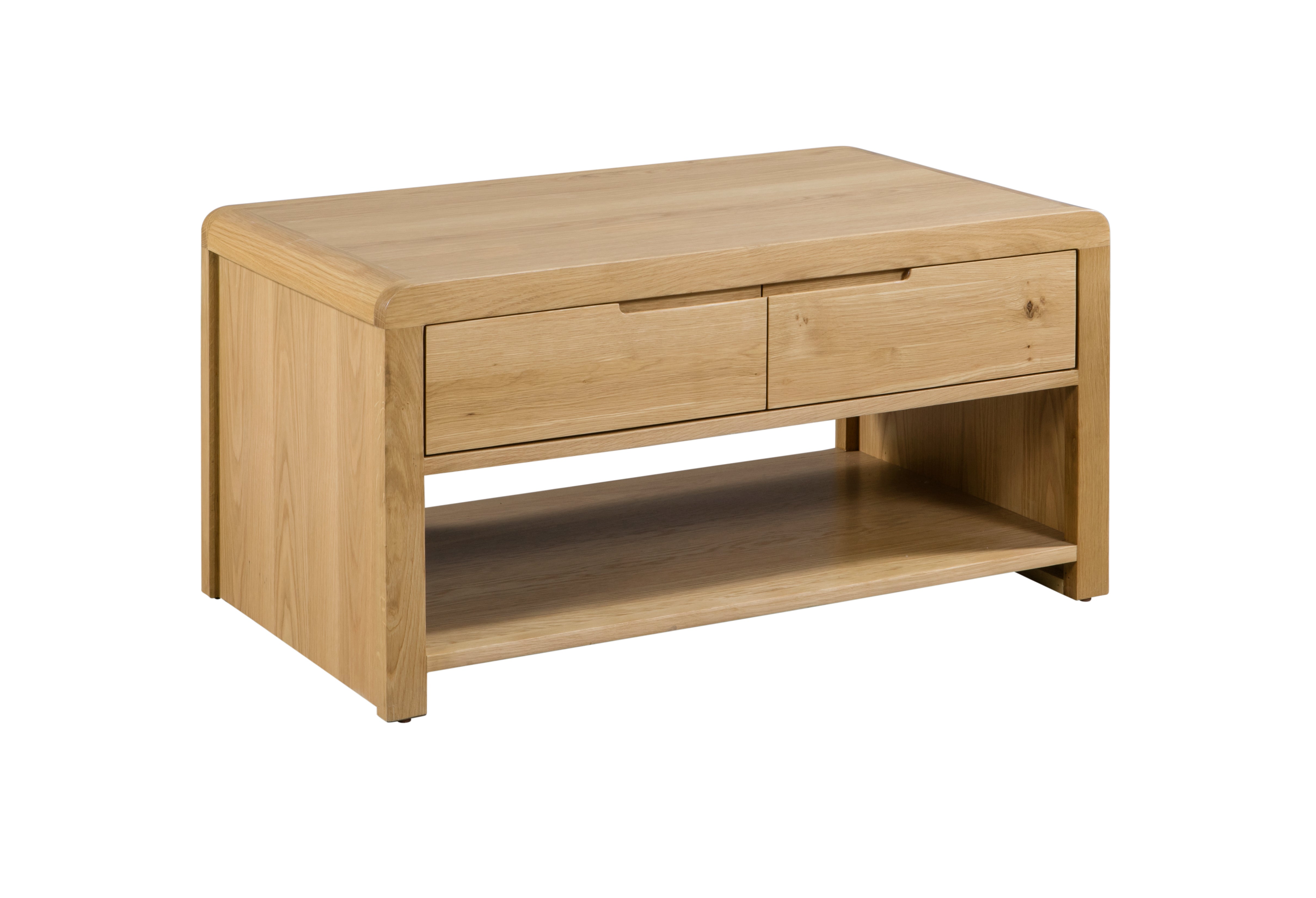 Wooden coffee table with two drawers on a white background