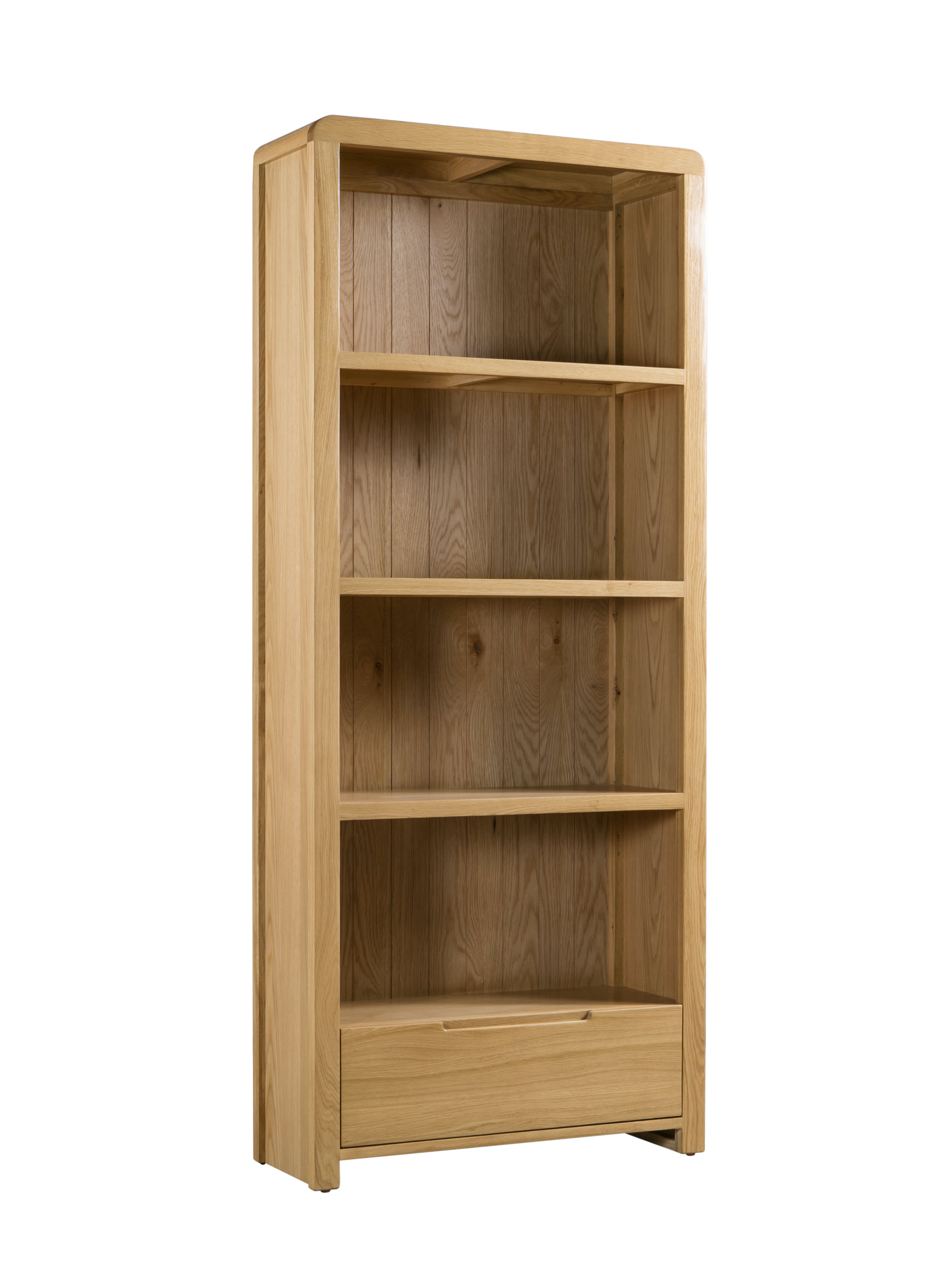 Wooden bookshelf with four shelves on a white background