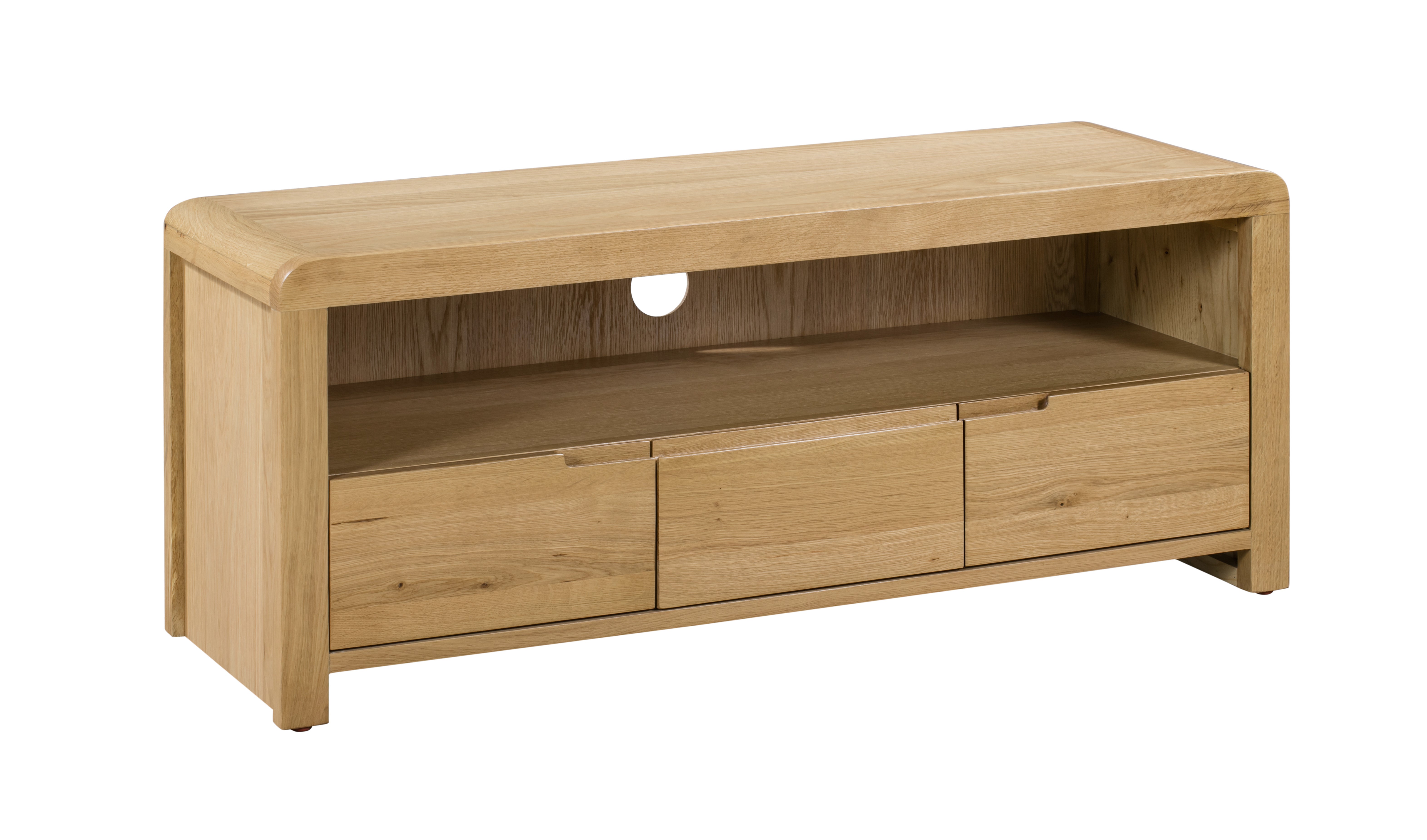 Wooden TV stand with two drawers on a white background
