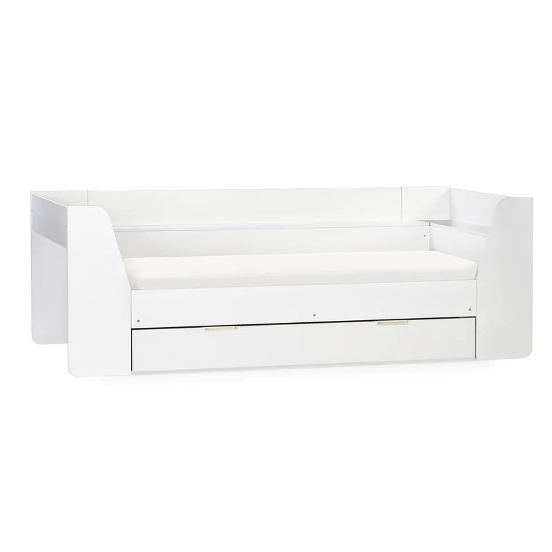White sofa bed with a drawer on a white background