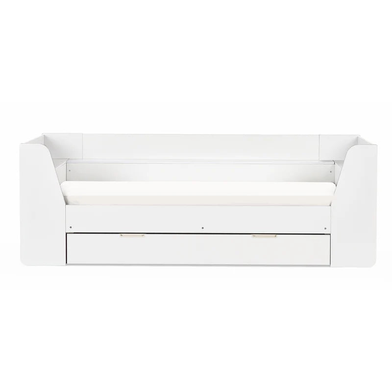 White wooden bench with a drawer on a white background