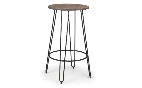Round wooden table with metal legs on a white background