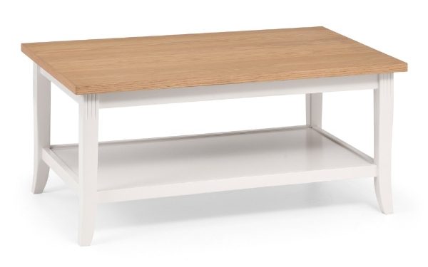 Coffee table with wooden top and white base on a white background