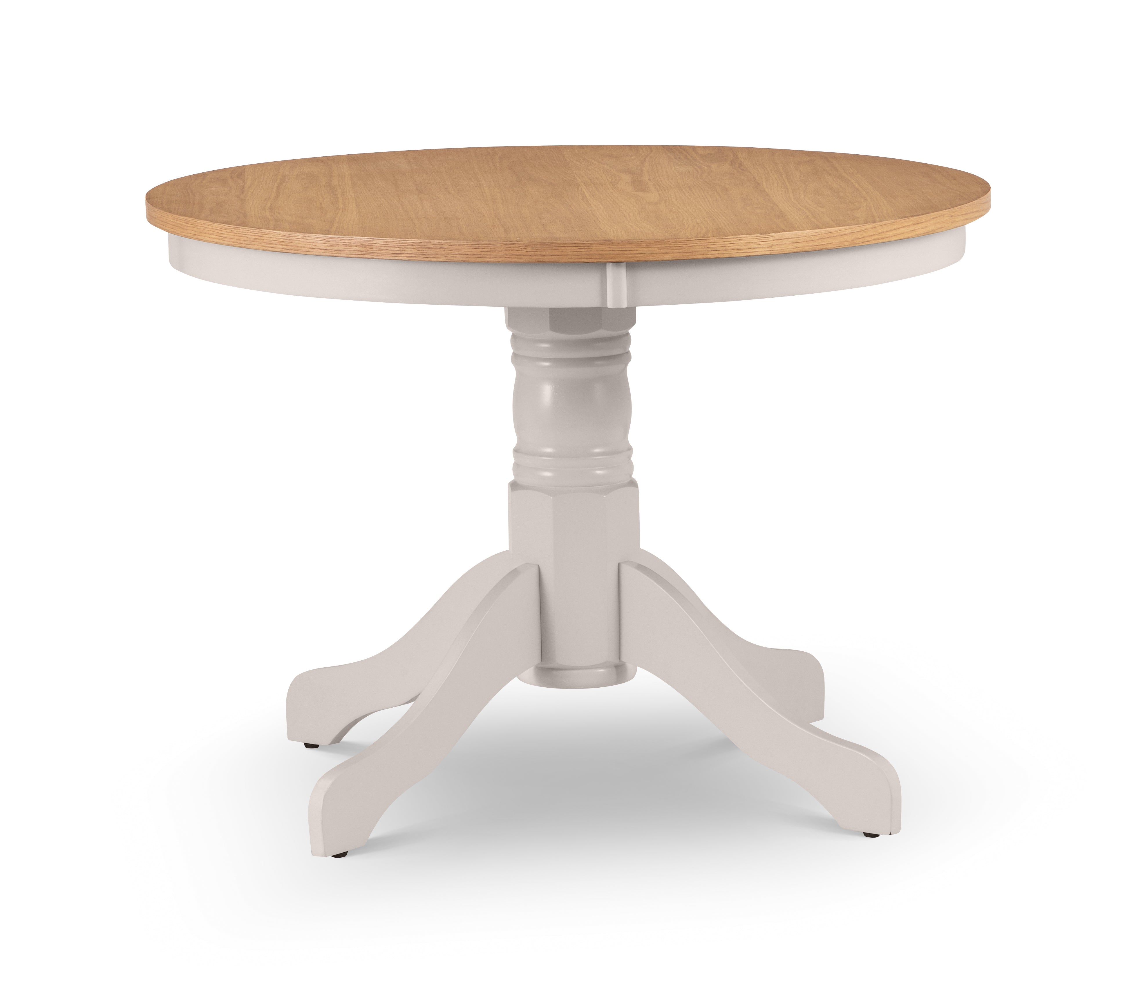 Round dining table with wooden top and white base on a white background