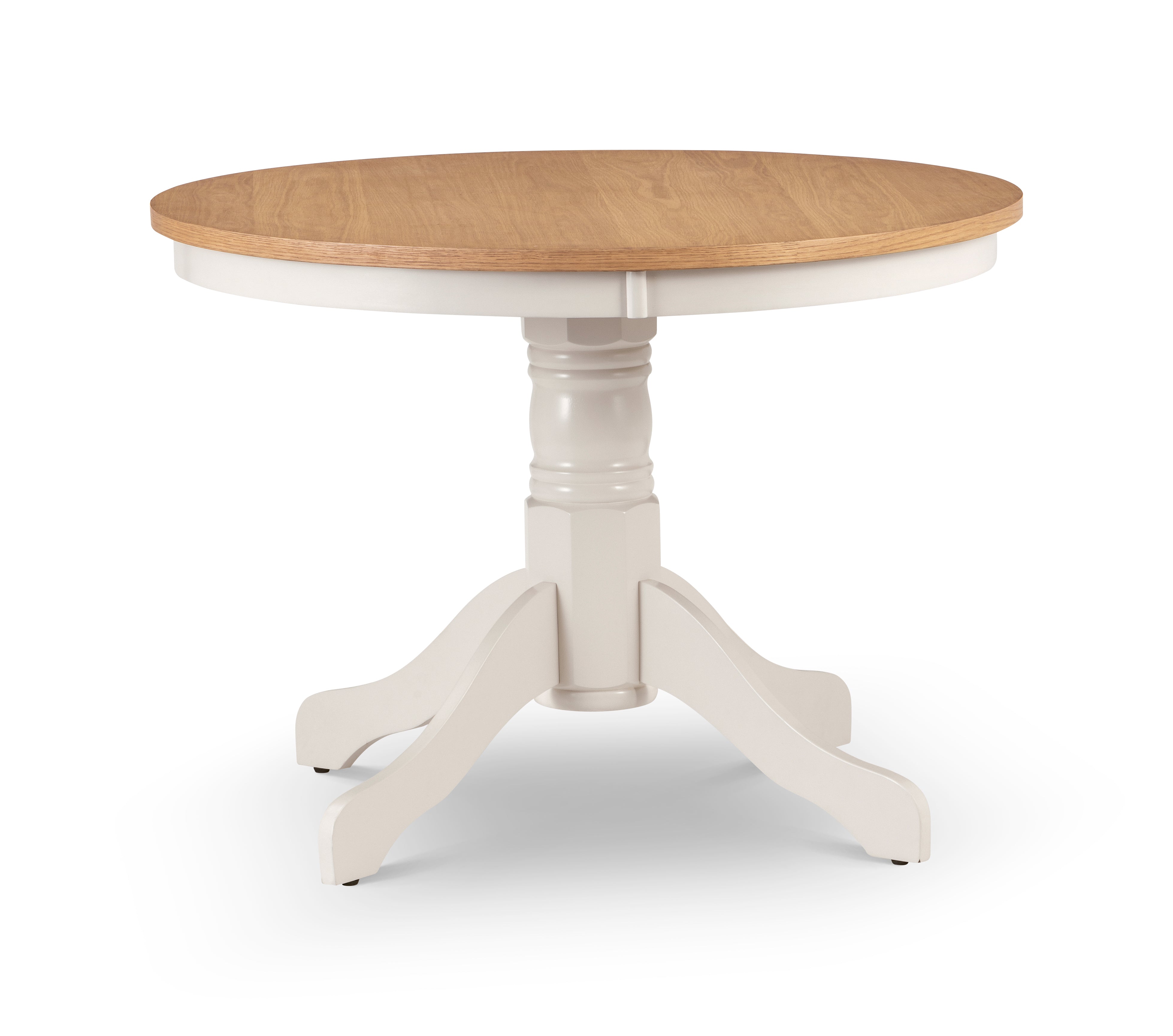Round wooden table with white base on a white background