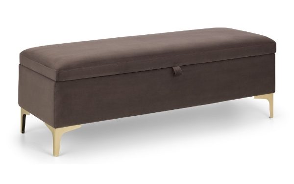 Brown storage bench with gold legs on a white background