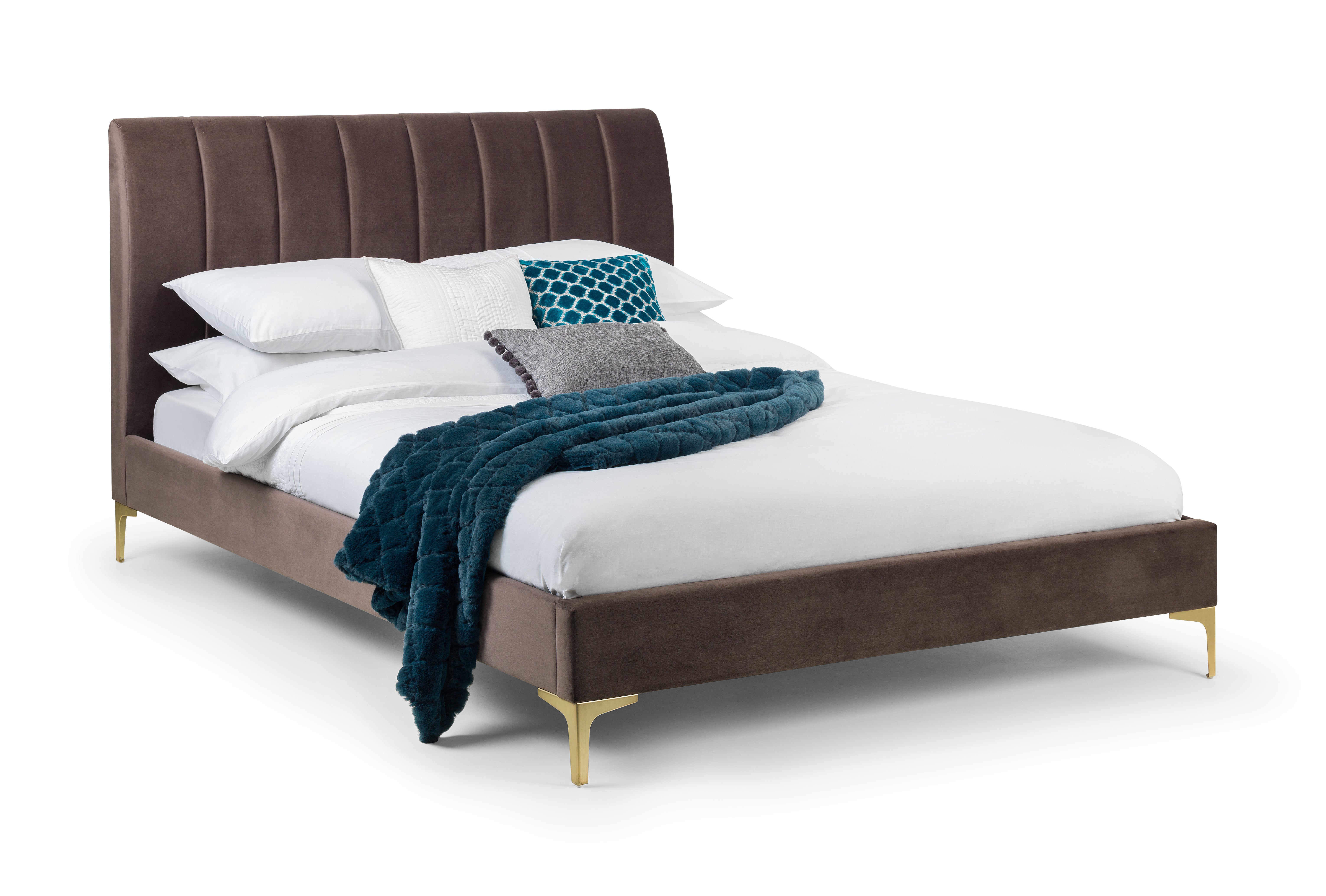 Bed with brown upholstered headboard and white bedding on a white background