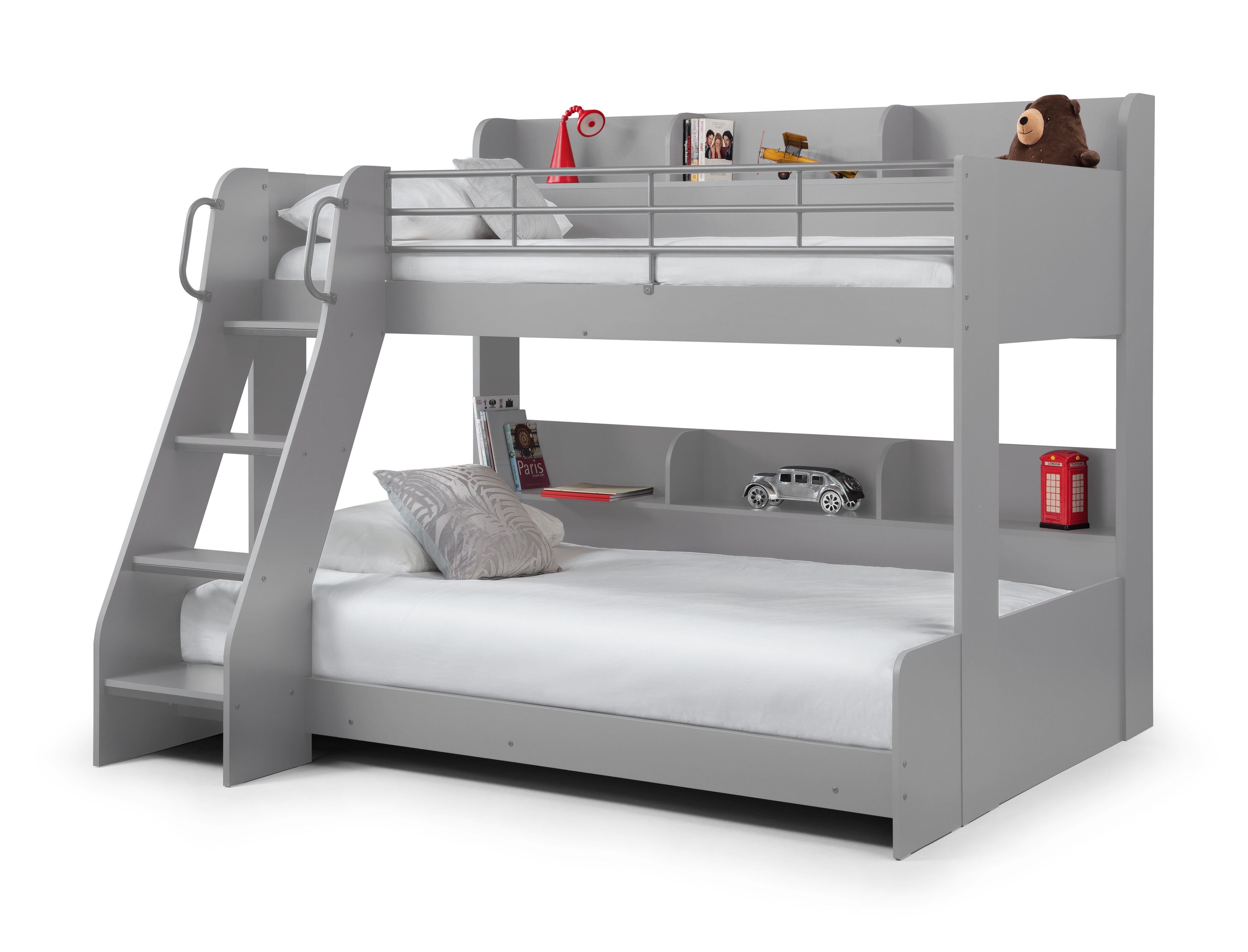 Gray bunk bed with white mattress and toys on a white background