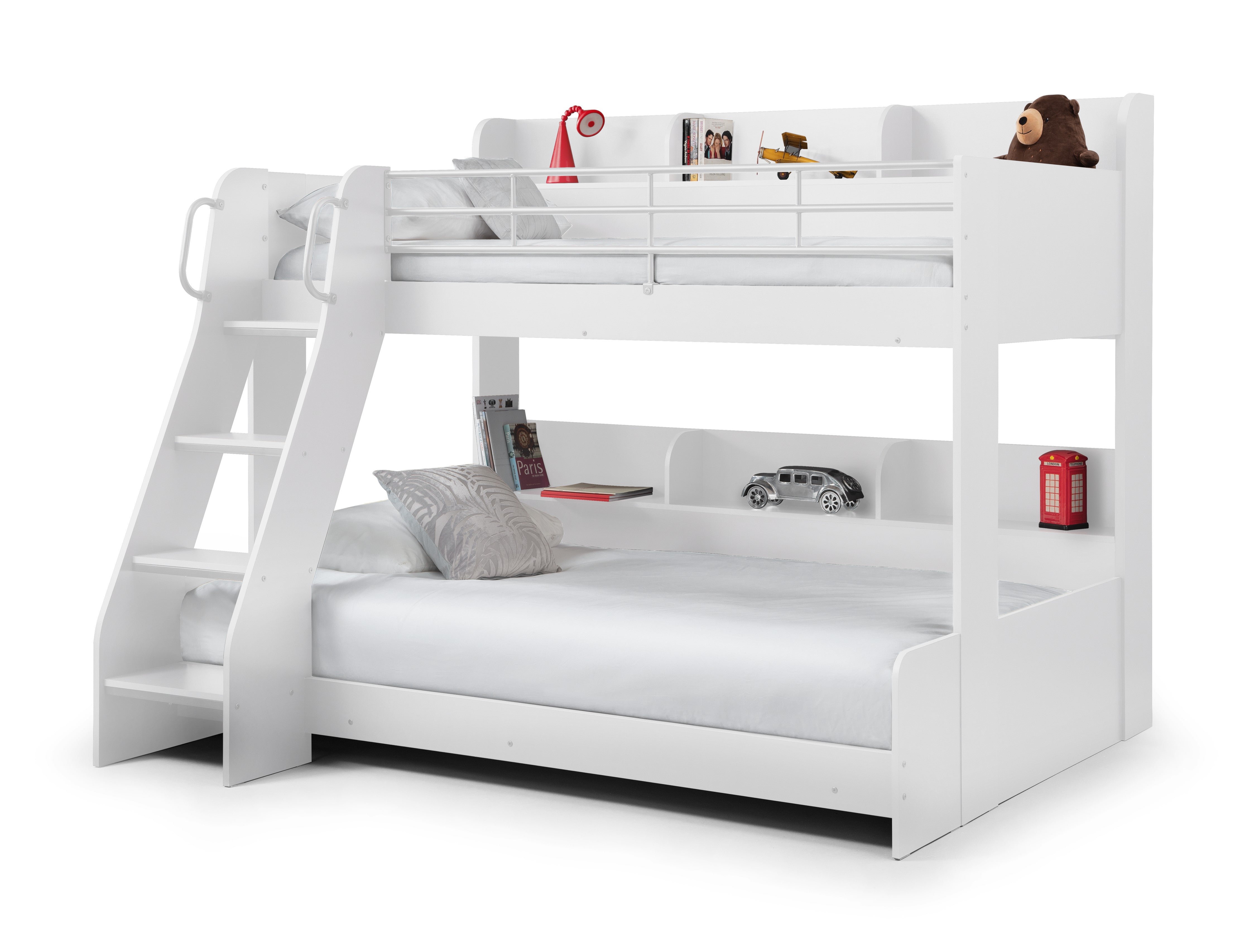 White bunk bed with shelves and bedding on a white background