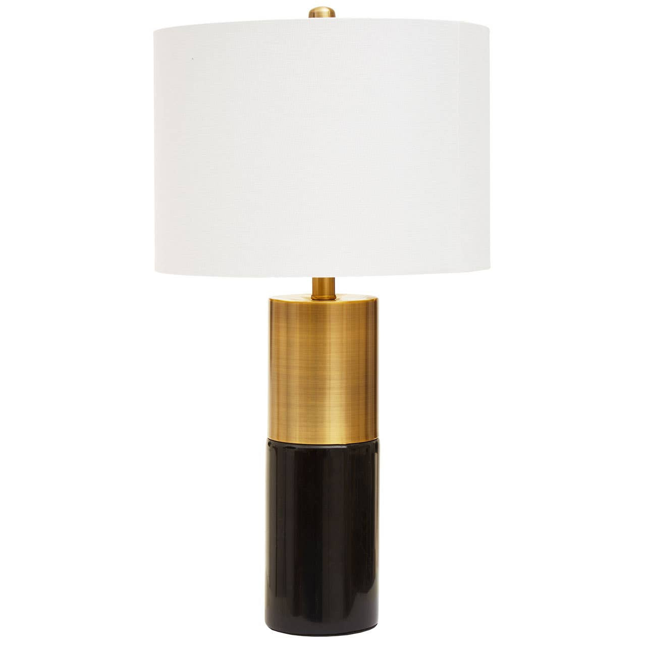 Table lamp with gold and black base and white shade on a white background