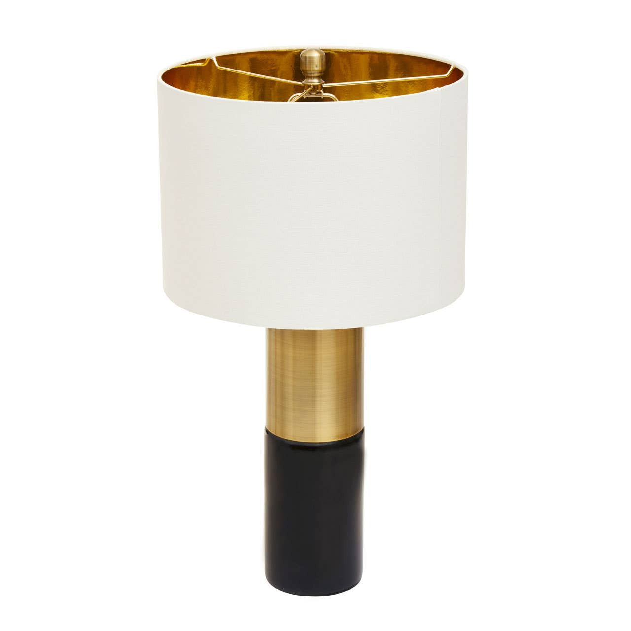 Table lamp with a white shade, gold base, and black accent on a white background