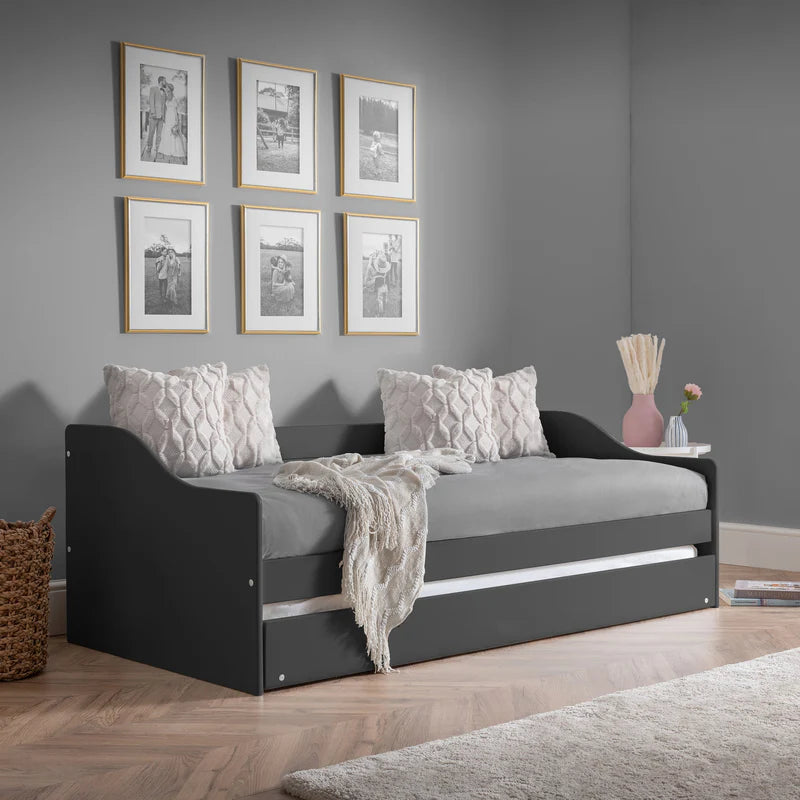 Gray sofa bed in a room with framed pictures on the wall.
