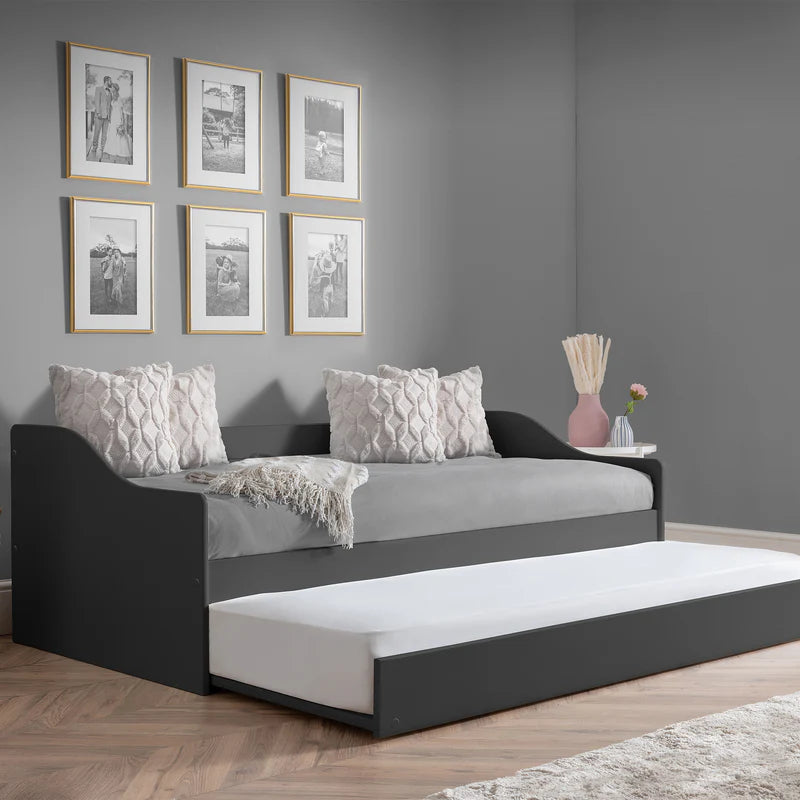 Gray sofa bed with white mattress in a room with gray walls and framed pictures.
