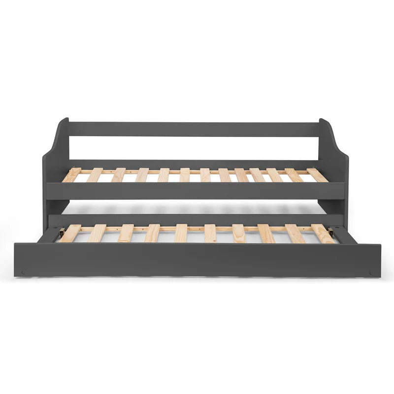 Grey bed frame with wooden slats on a white background