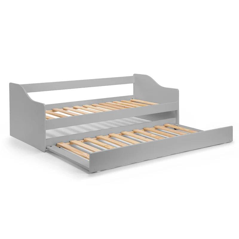 Gray bed with wooden slats on a white background