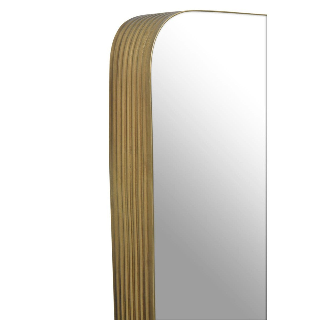Tall, narrow mirror with a ribbed gold frame on a white background