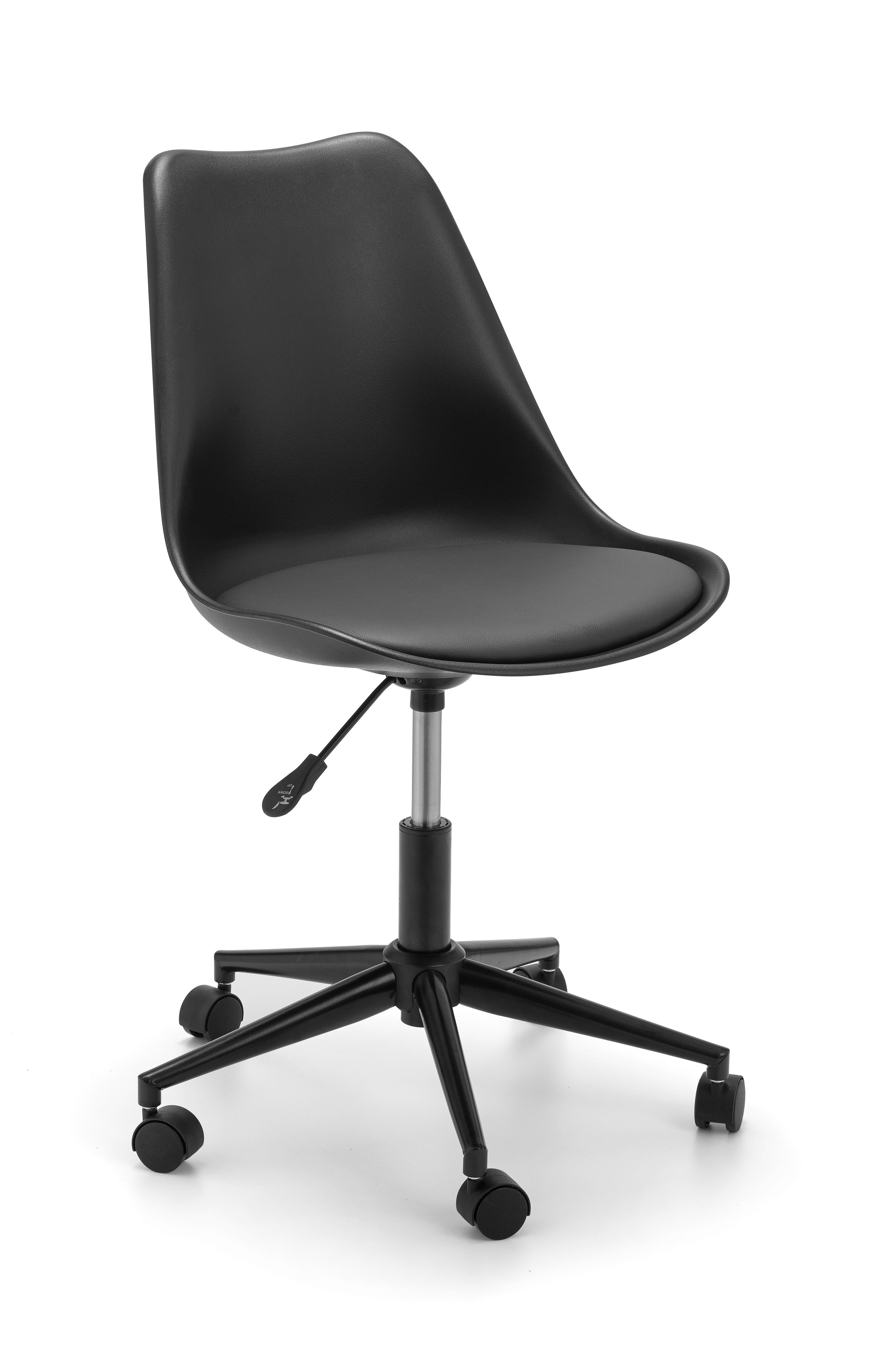 Black office chair with wheels on a white background