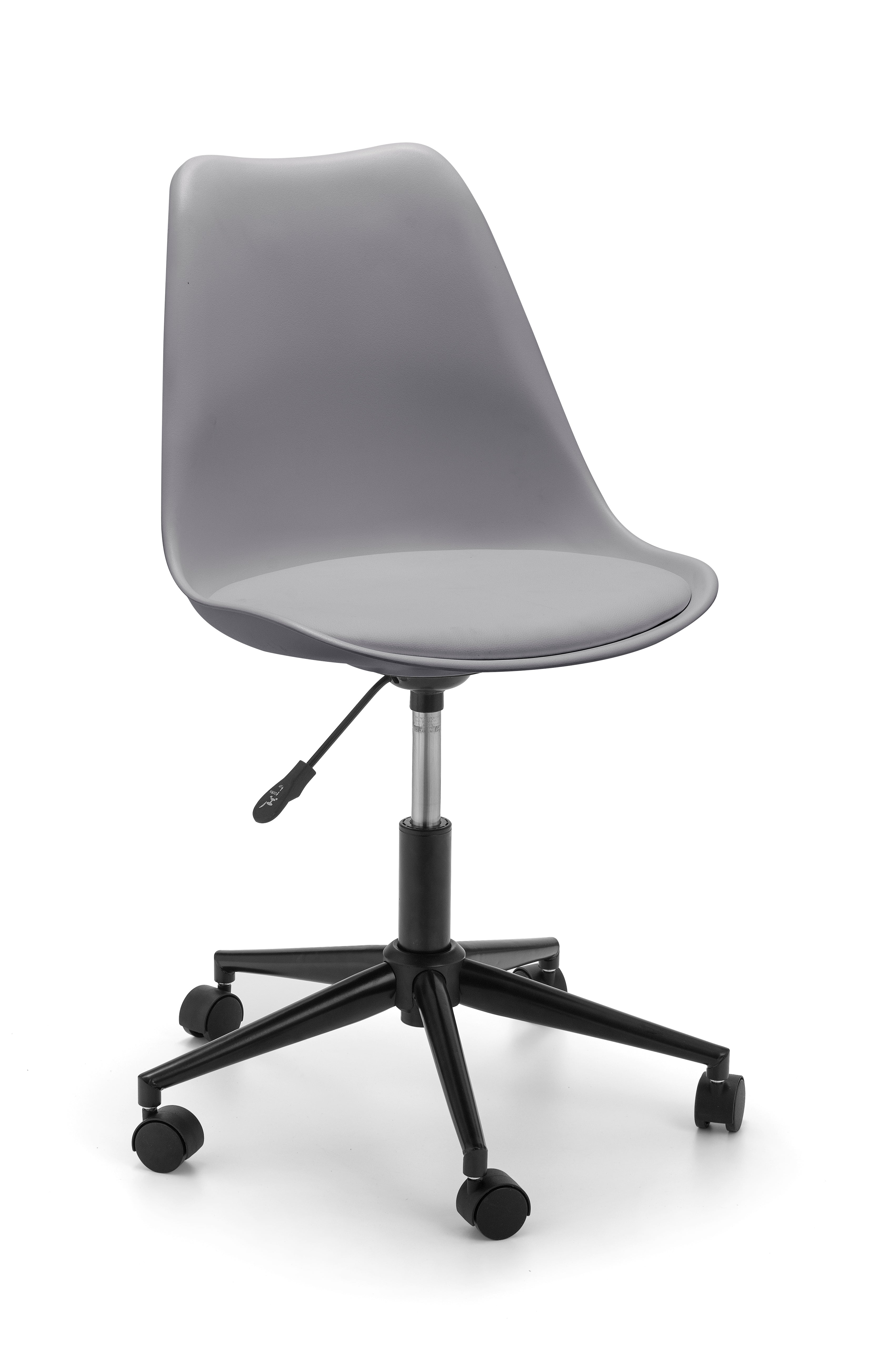 Gray office chair with a black swivel base on a white background