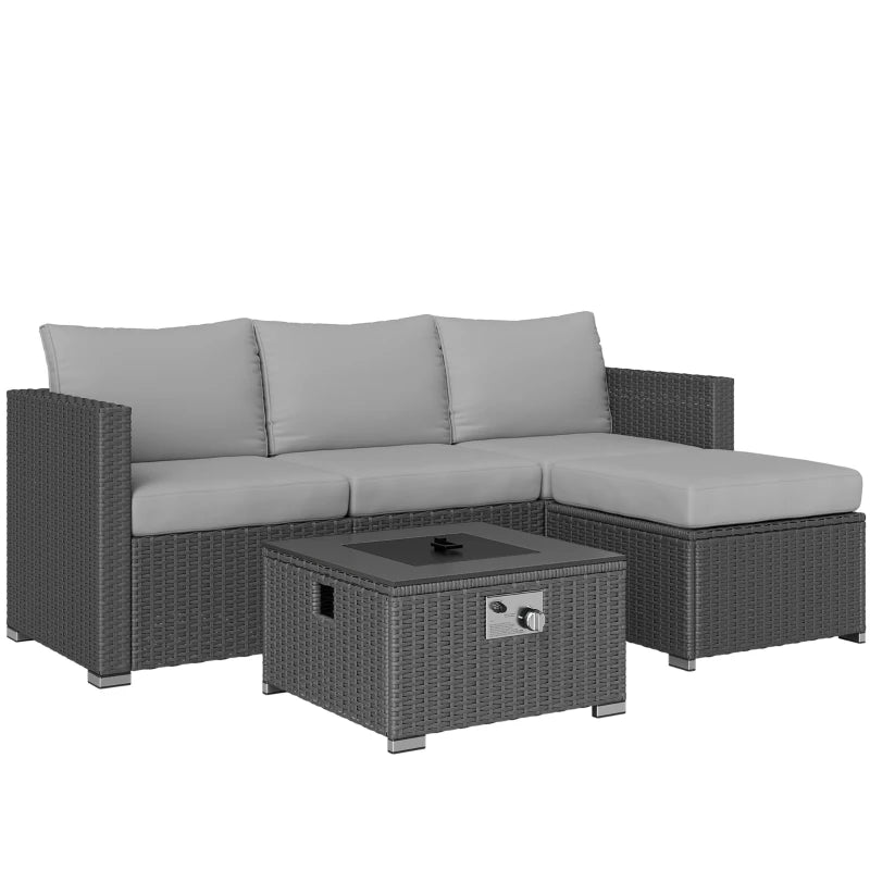 Gray outdoor sectional sofa with a fire pit table on a white background