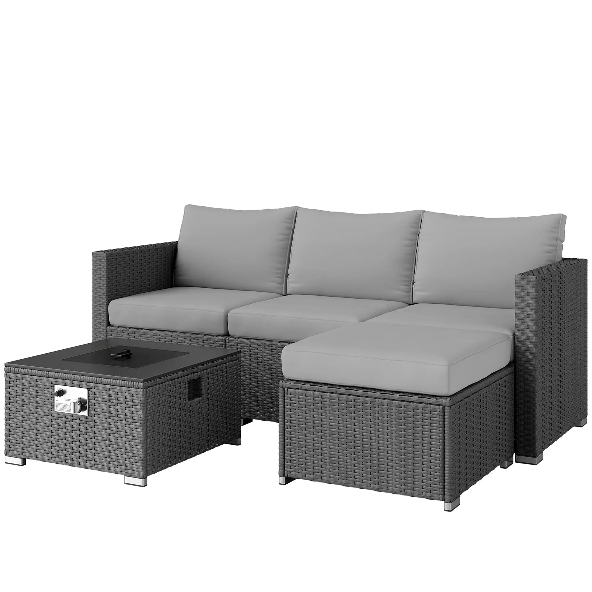 Gray outdoor sofa set with cushions and a matching coffee table on a white background