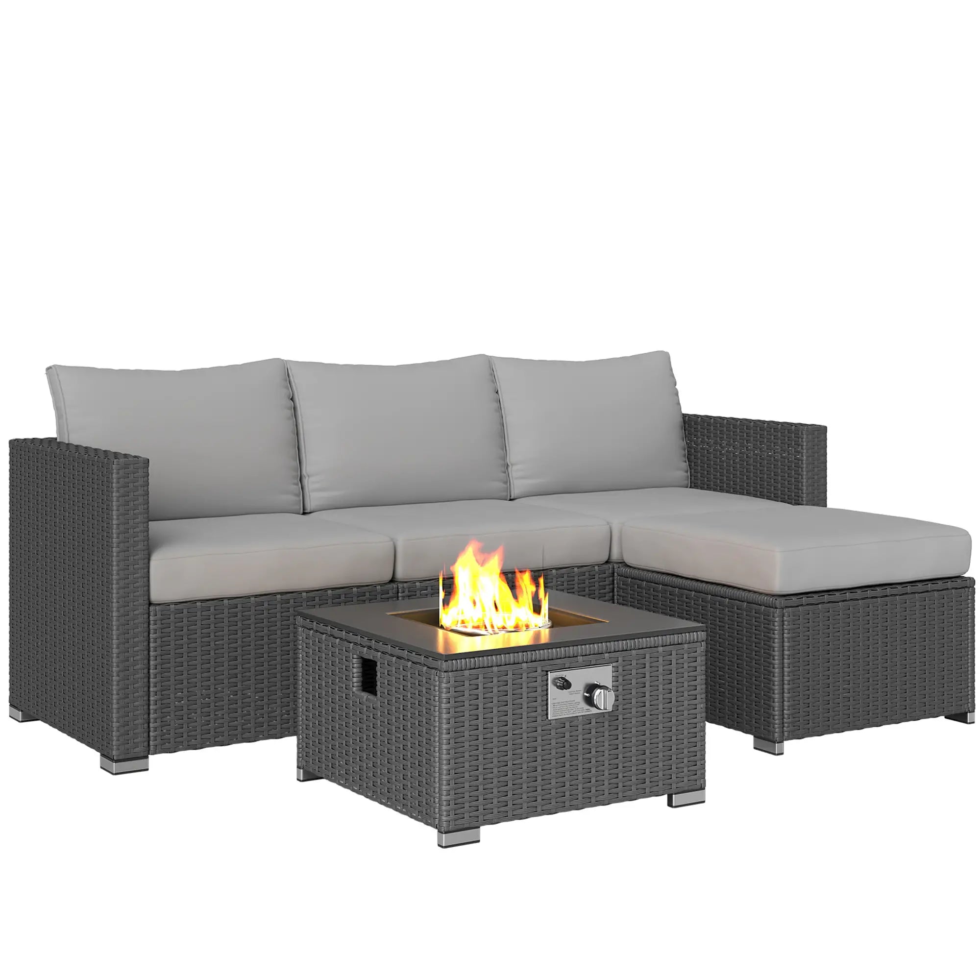 Outdoor patio furniture set with a fire pit table on a white background