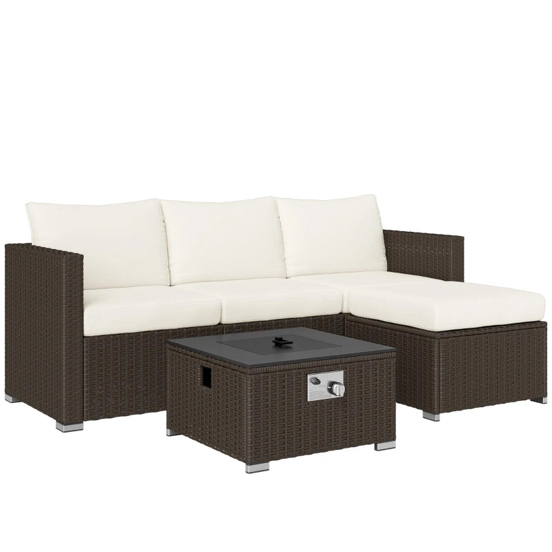 Outdoor furniture set with a sectional sofa and fire pit table on a white background
