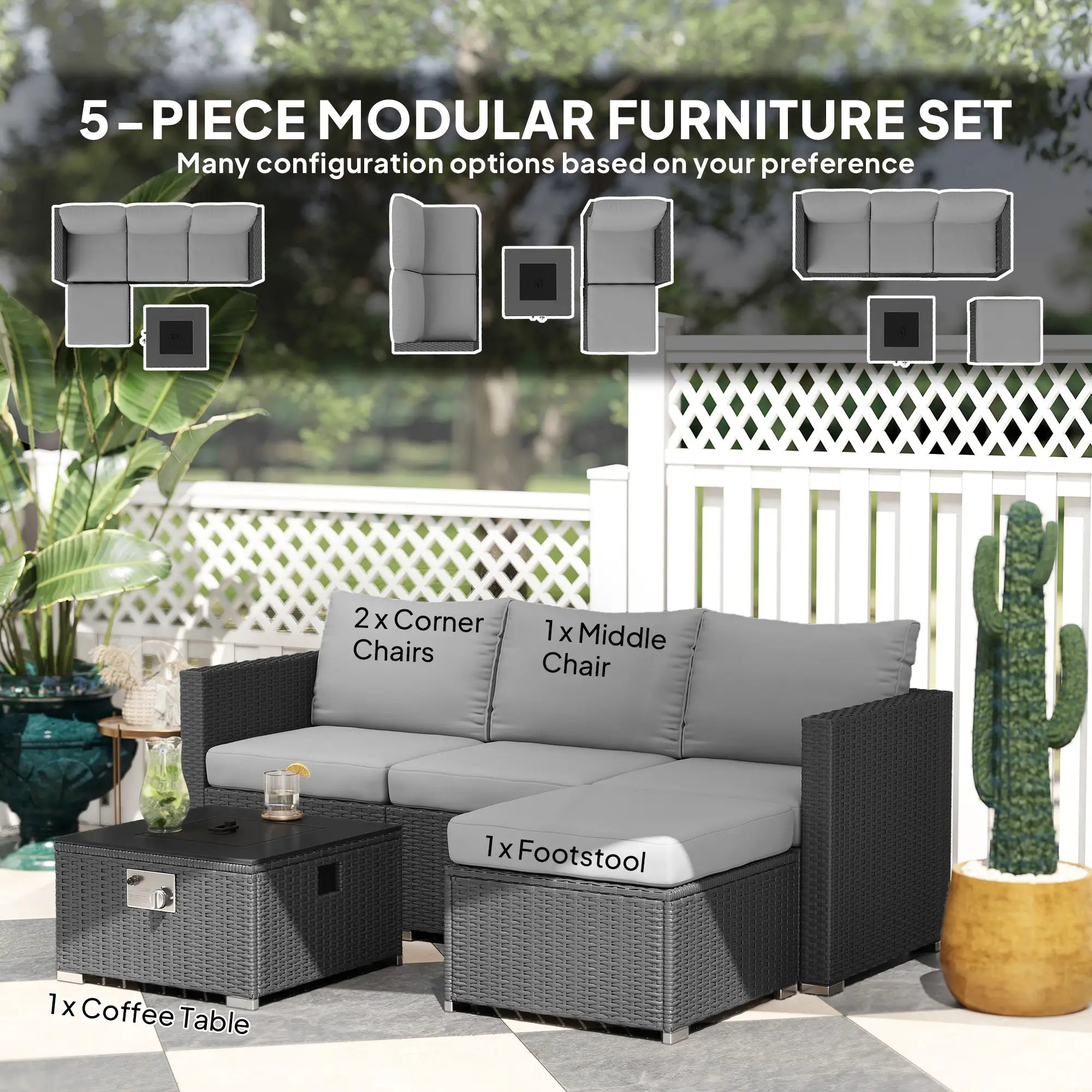 5-piece modular furniture set with corner chairs, middle chair, footstool, and coffee table on a patio.