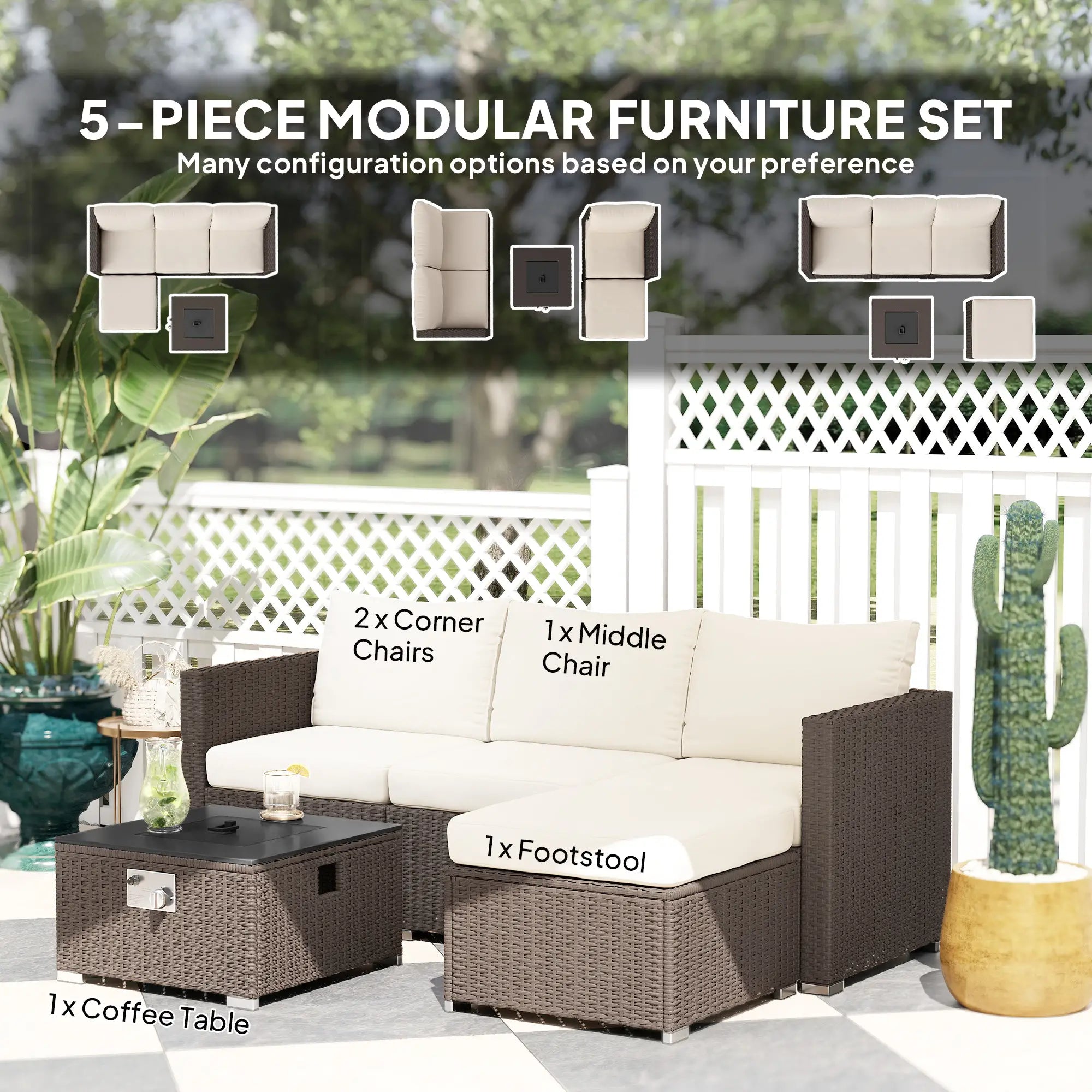 5-piece modular outdoor furniture set with labeled pieces on a patio.