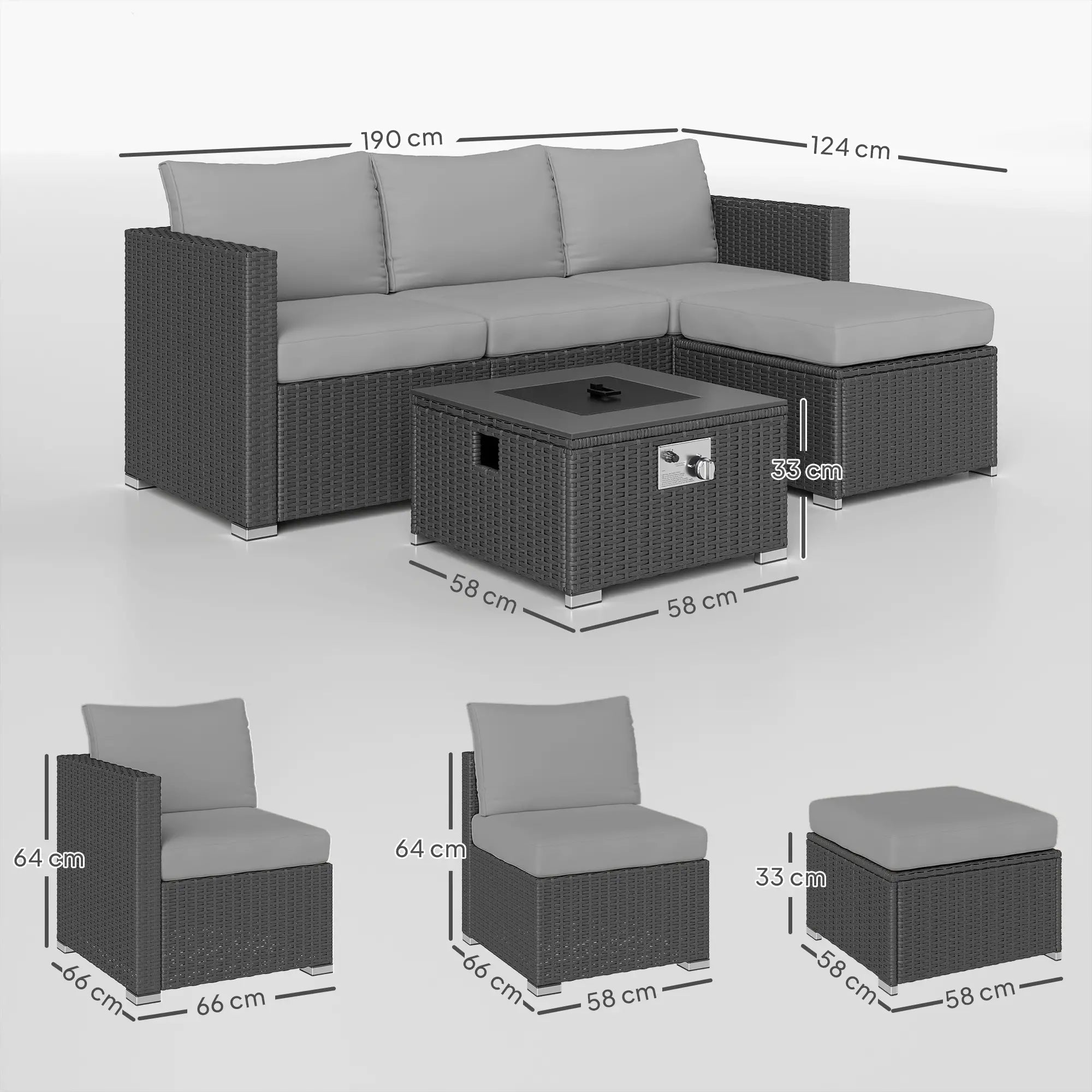 Outdoor furniture set with dimensions labeled on a white background