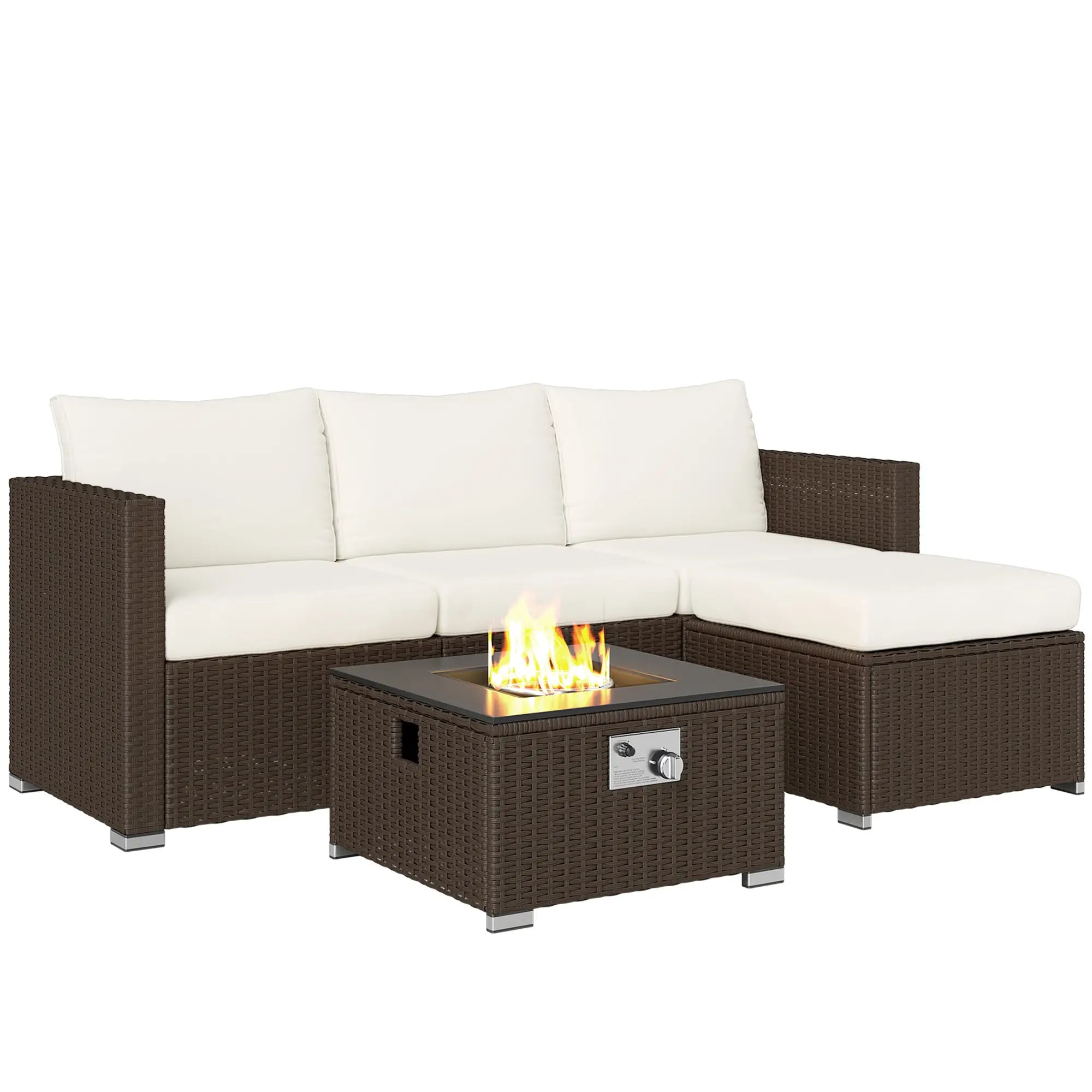 Outdoor patio furniture set with a fire pit table on a white background
