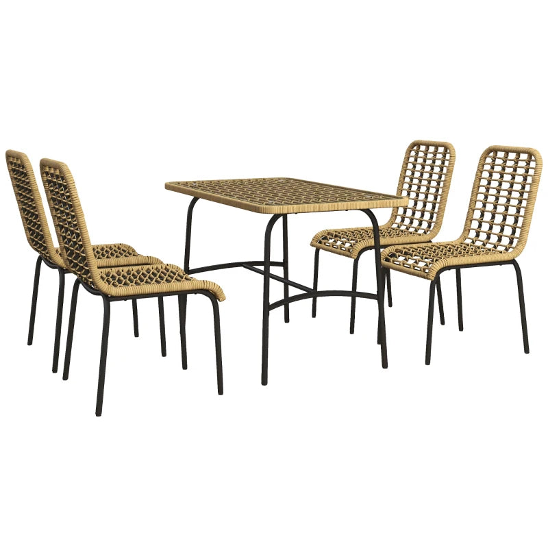 Outdoor furniture set with a square table and four wicker chairs on a white background
