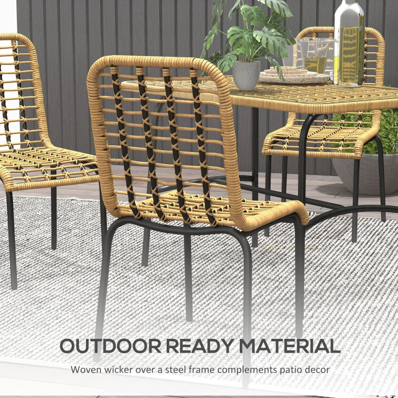 Woven wicker chairs and table set on a patio with text 'Outdoor Ready Material'.