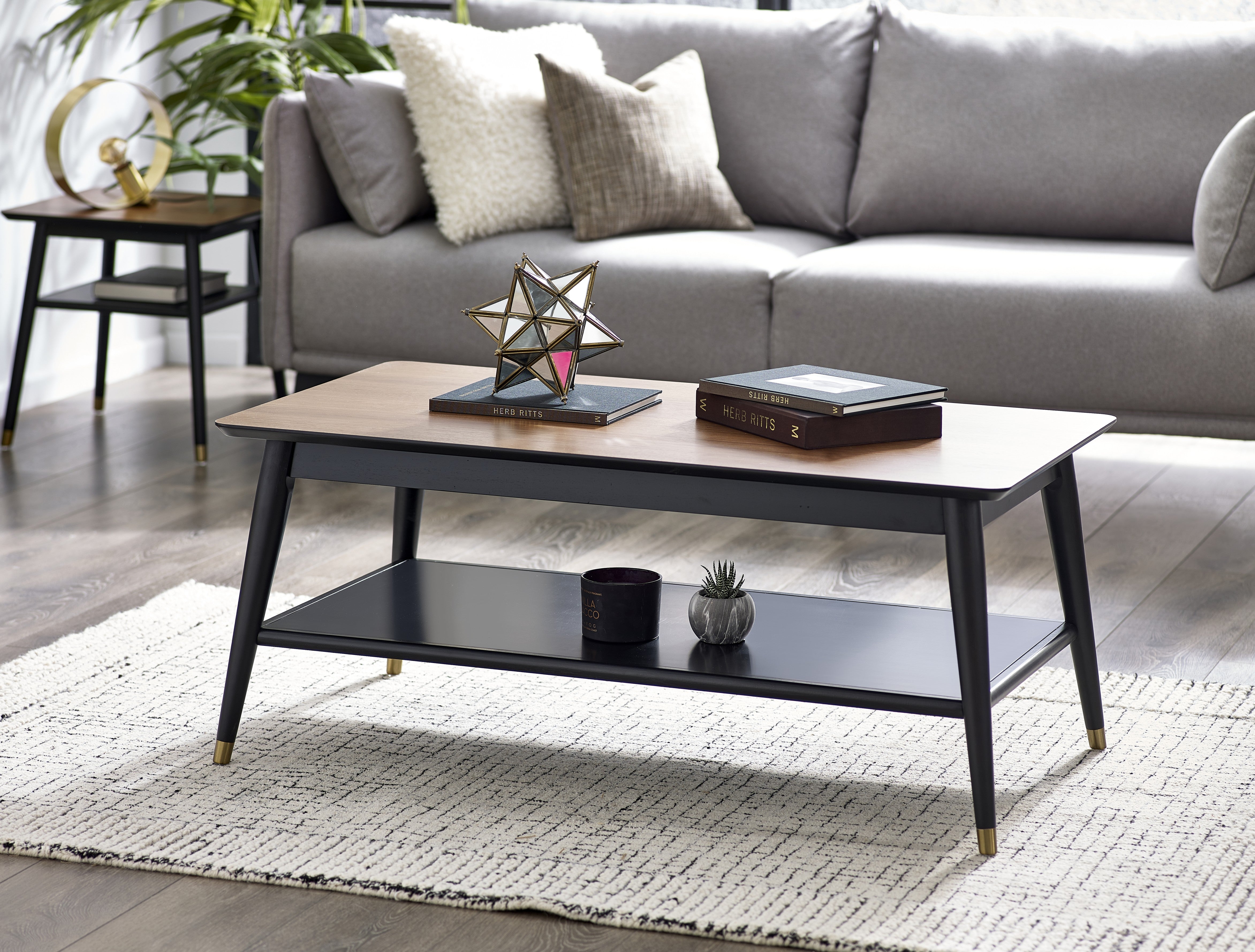 Coffee table with decorative items in a living room setting