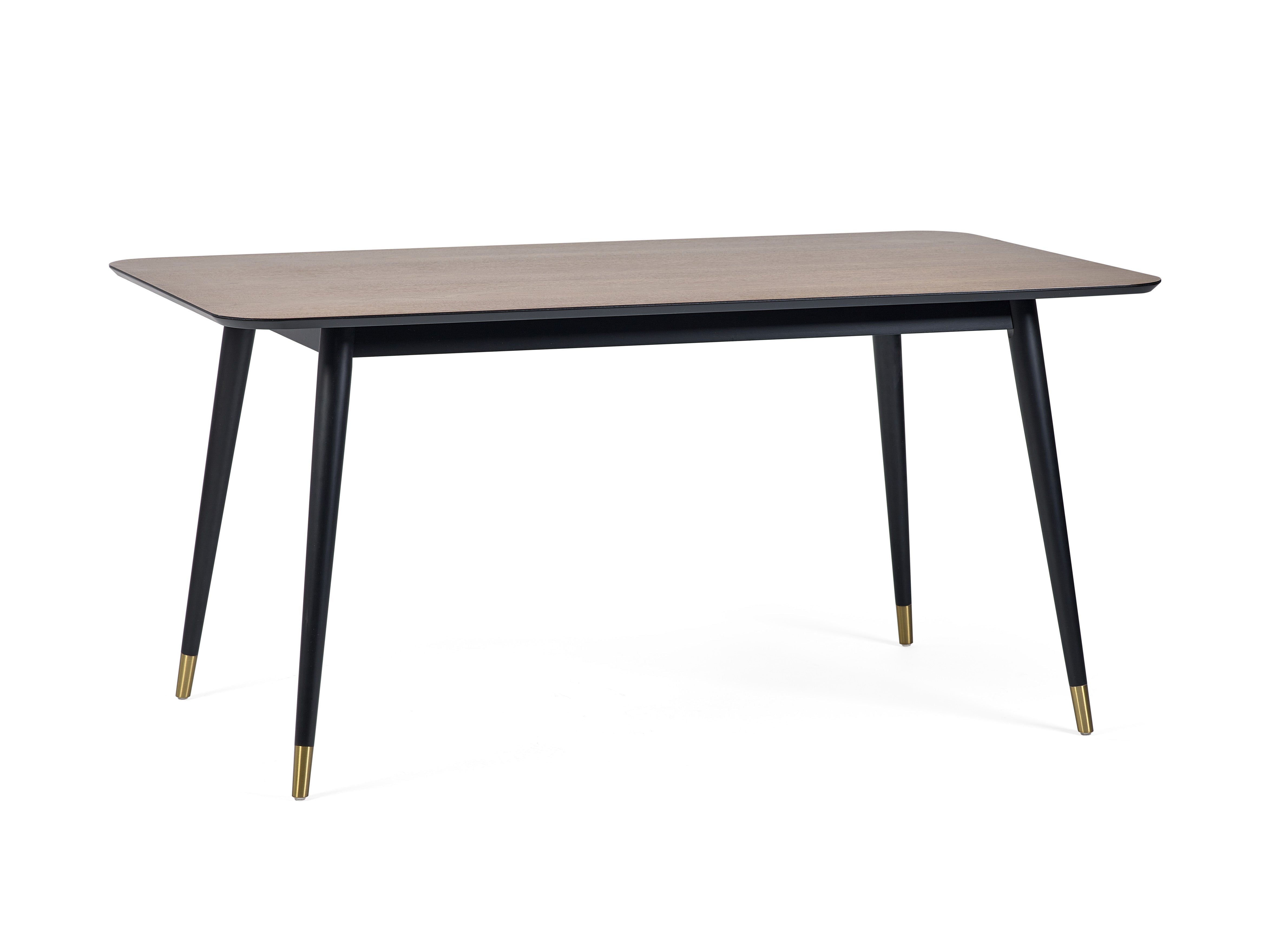 Dining table with a wooden top and black legs on a white background