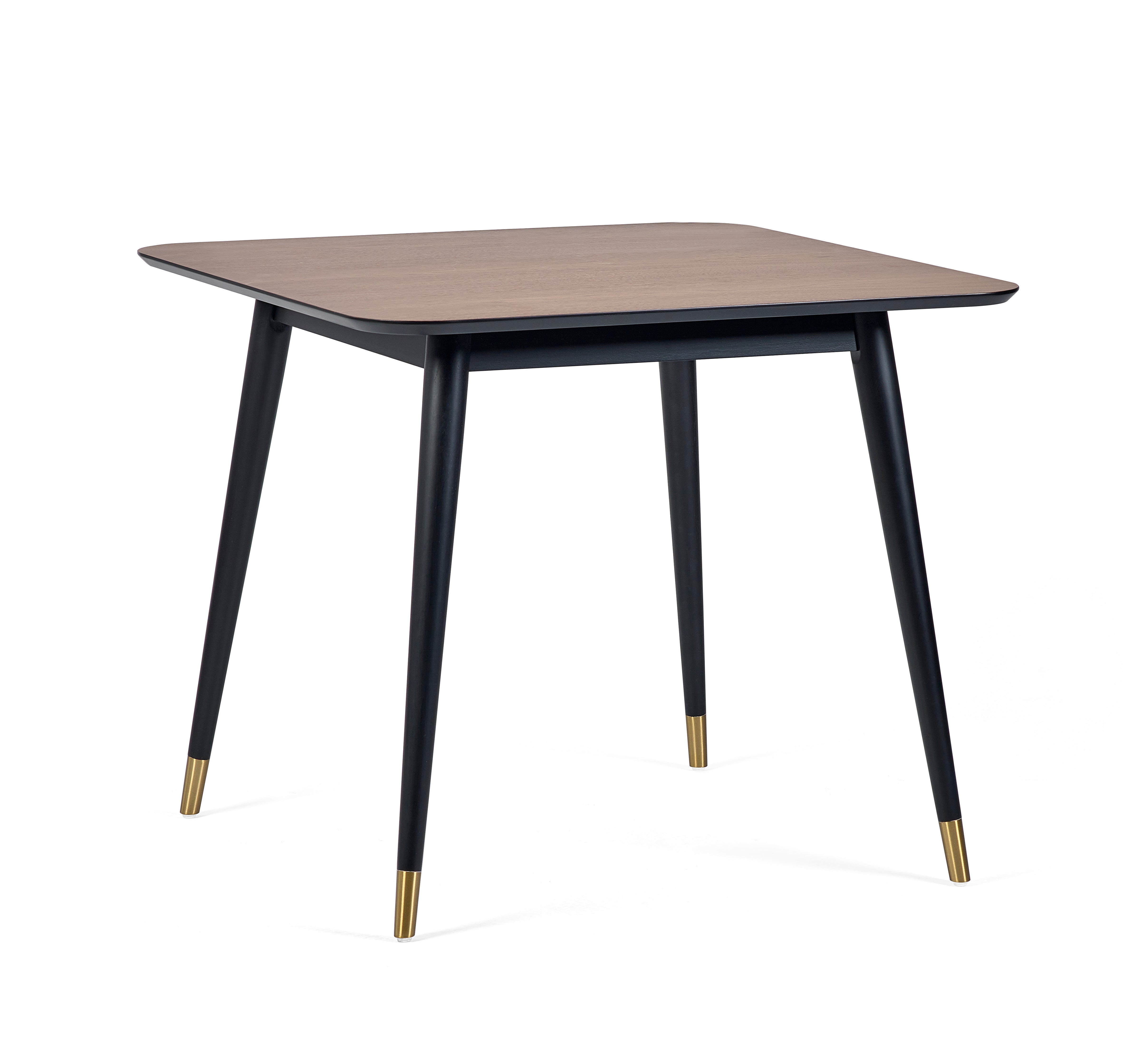 Square table with wooden top and black legs with gold accents on a white background