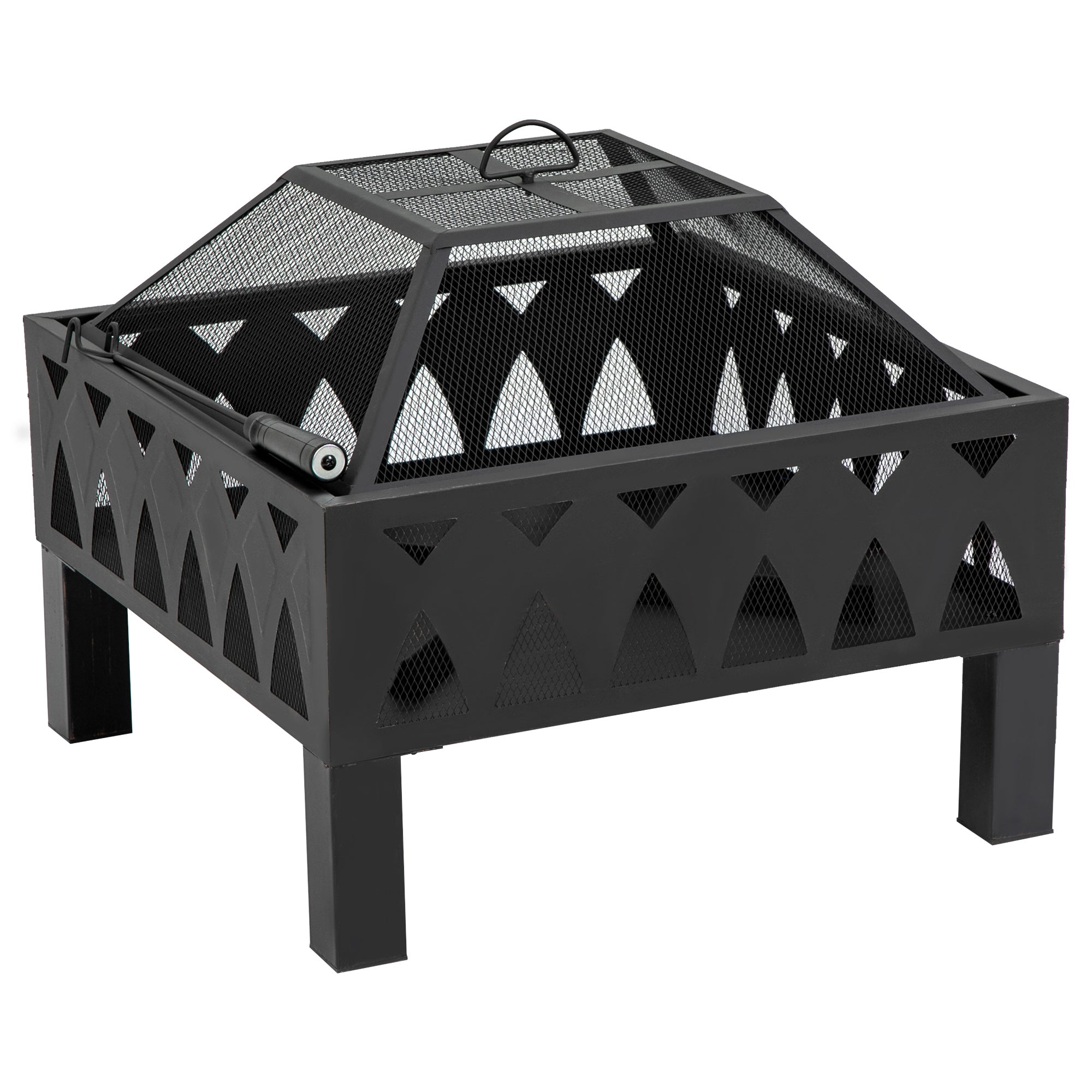 Black metal fire pit with geometric design on a white background
