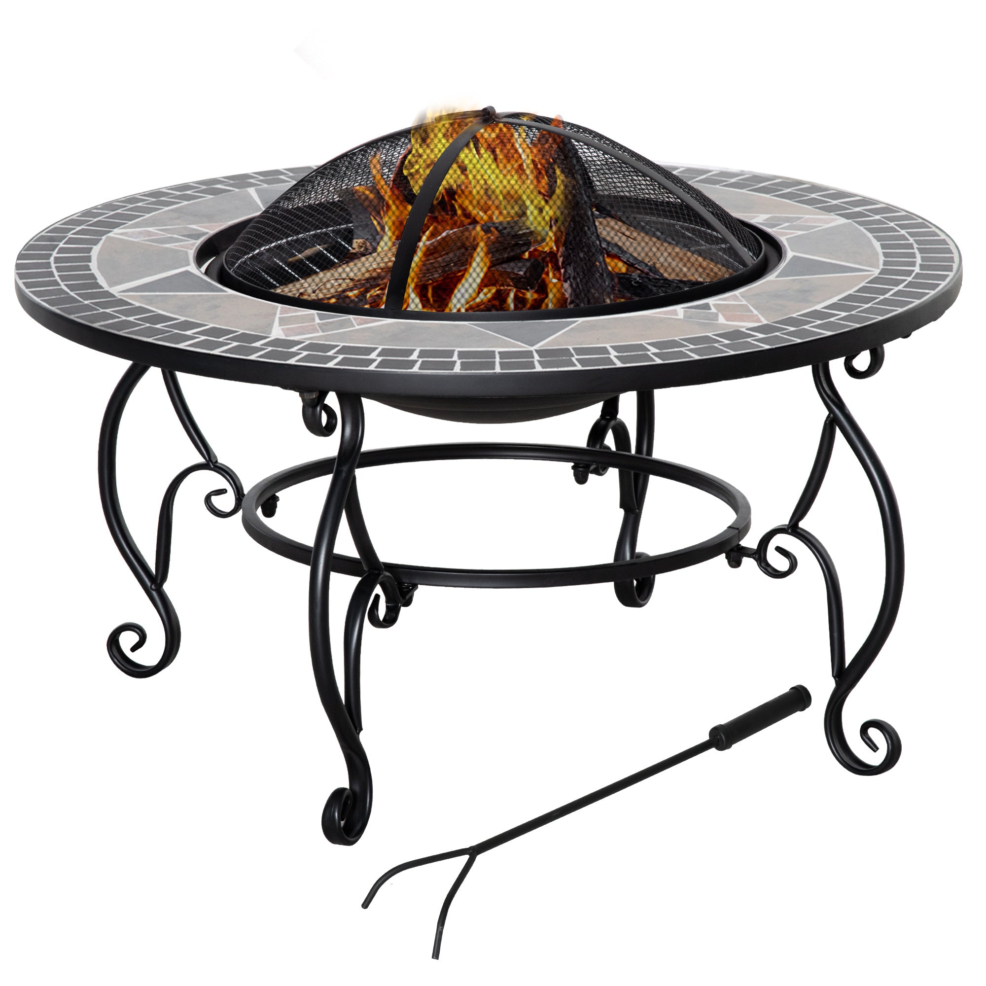 Mosaic fire pit table with flames inside, featuring a fire poker on a white background.