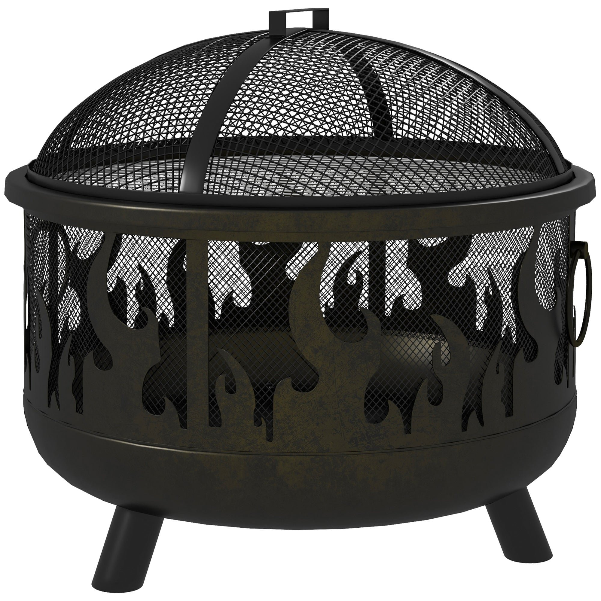 Black metal fire pit with decorative flame design on a white background