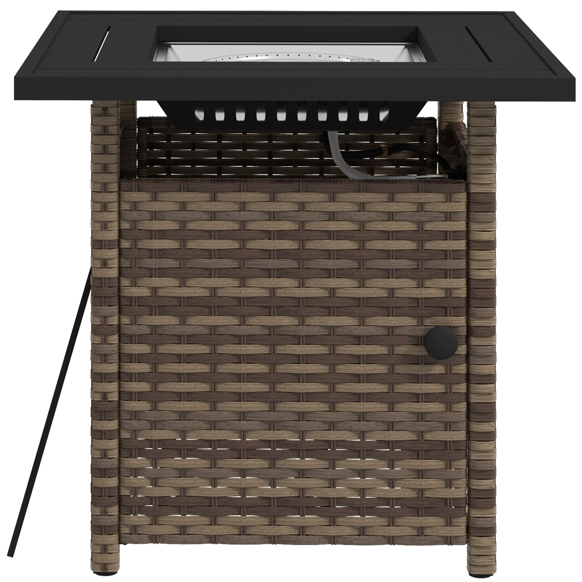 Wicker fire pit table with black top on a white background