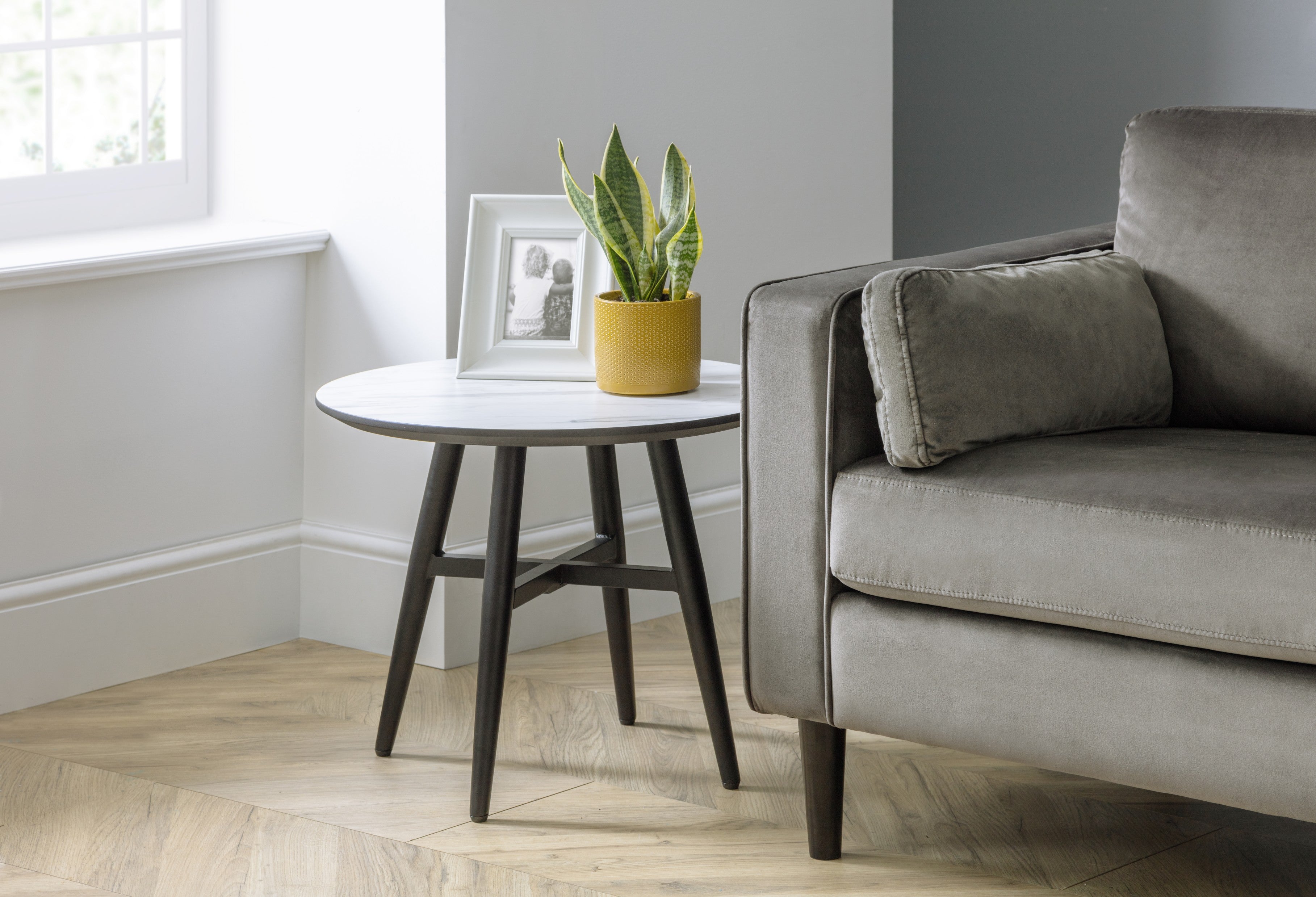 Gray sofa with a small round table and potted plant in a room with a window.