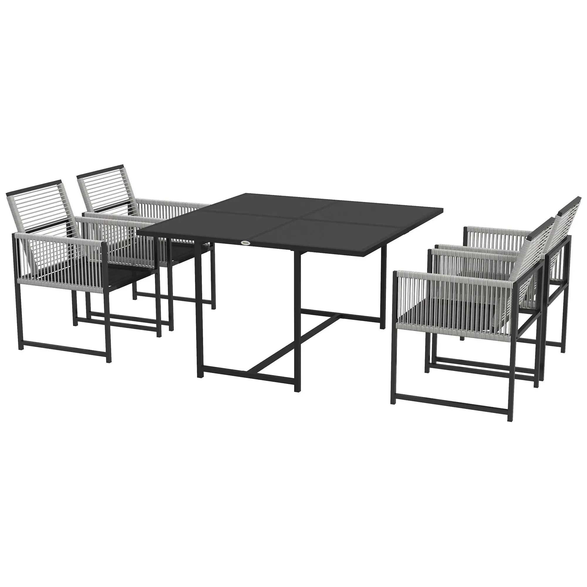 Outdoor furniture set with a black table and four matching chairs on a white background