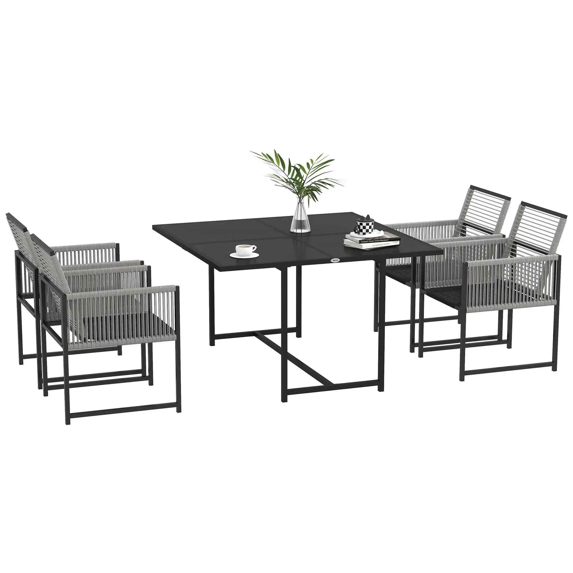 Black dining table with four gray chairs on a white background
