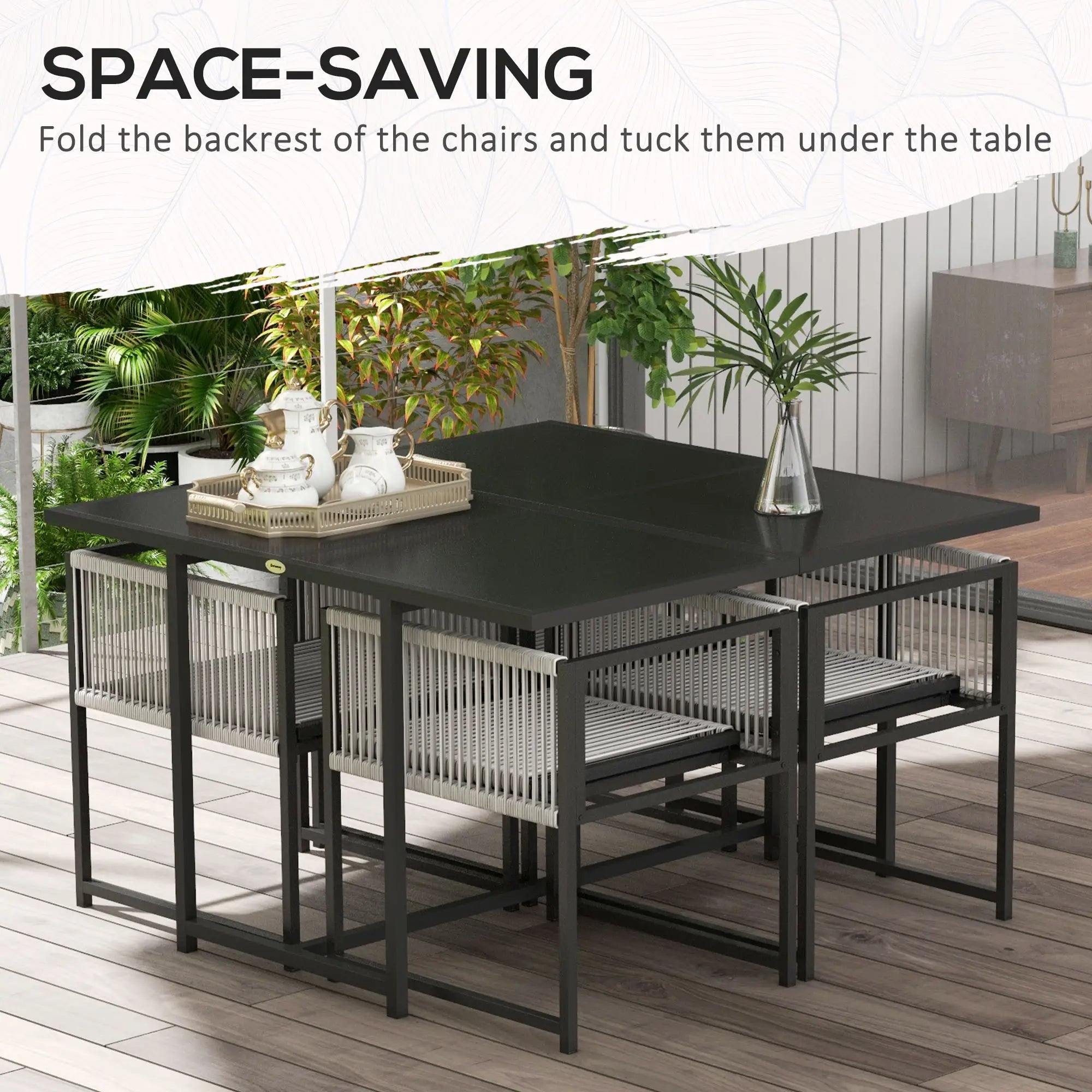 Space-saving outdoor furniture set with table and chairs on a wooden deck.