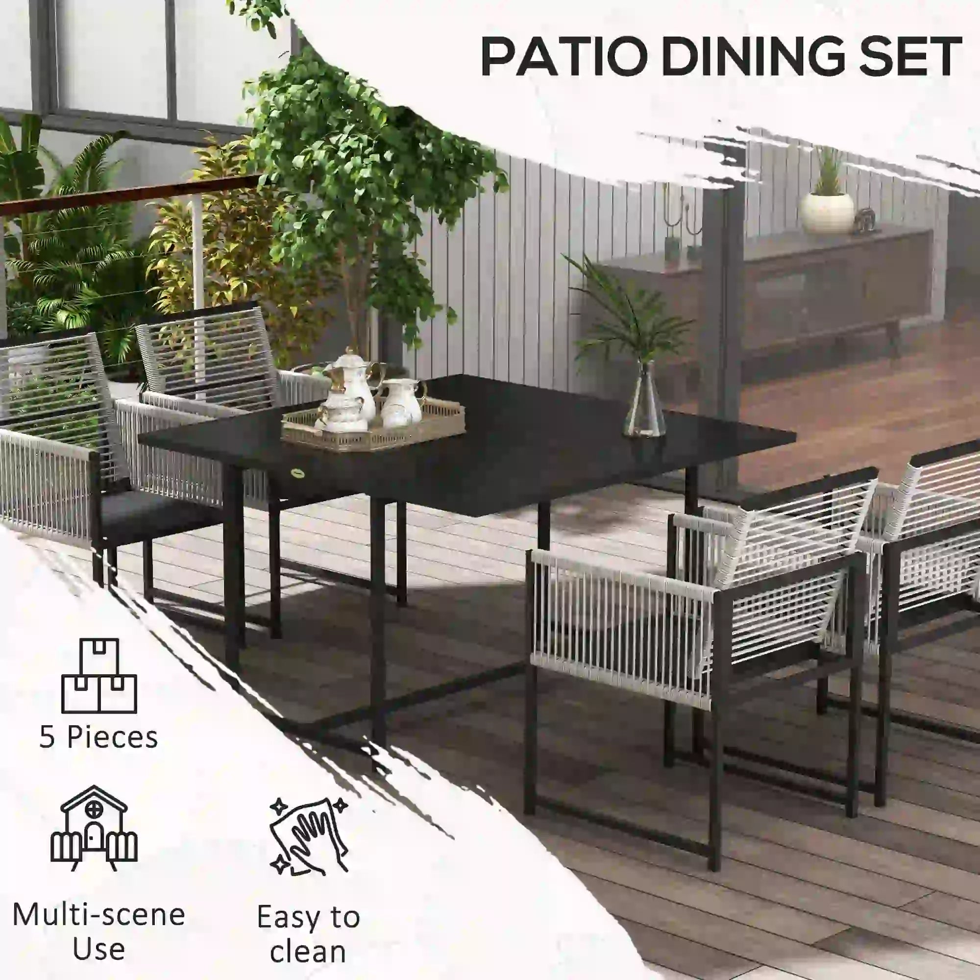 Patio dining set with table and chairs on a wooden deck, featuring text highlighting features.