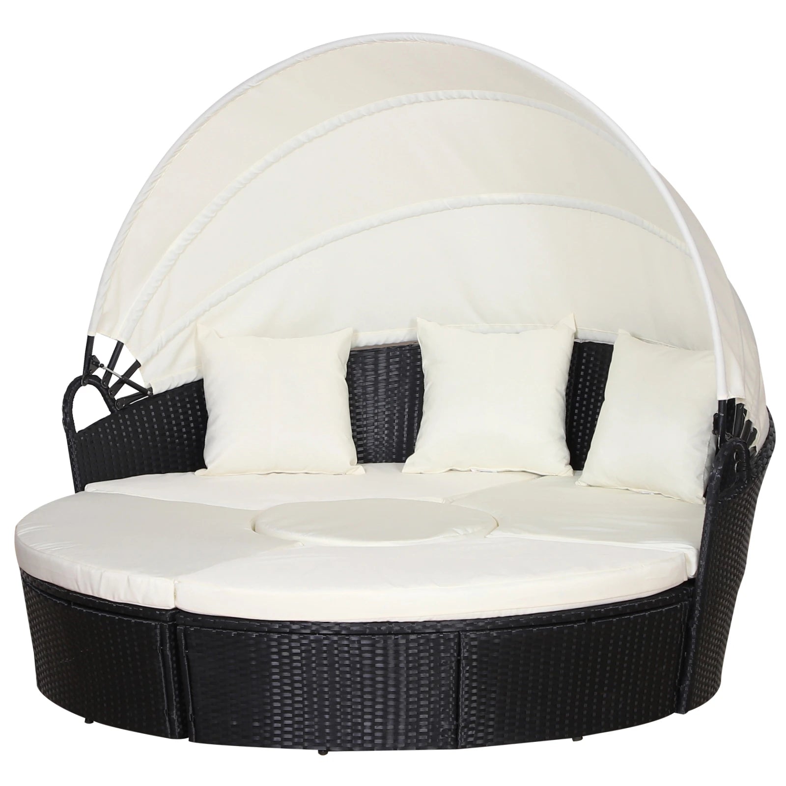 Round outdoor daybed with white cushions and black frame on a white background