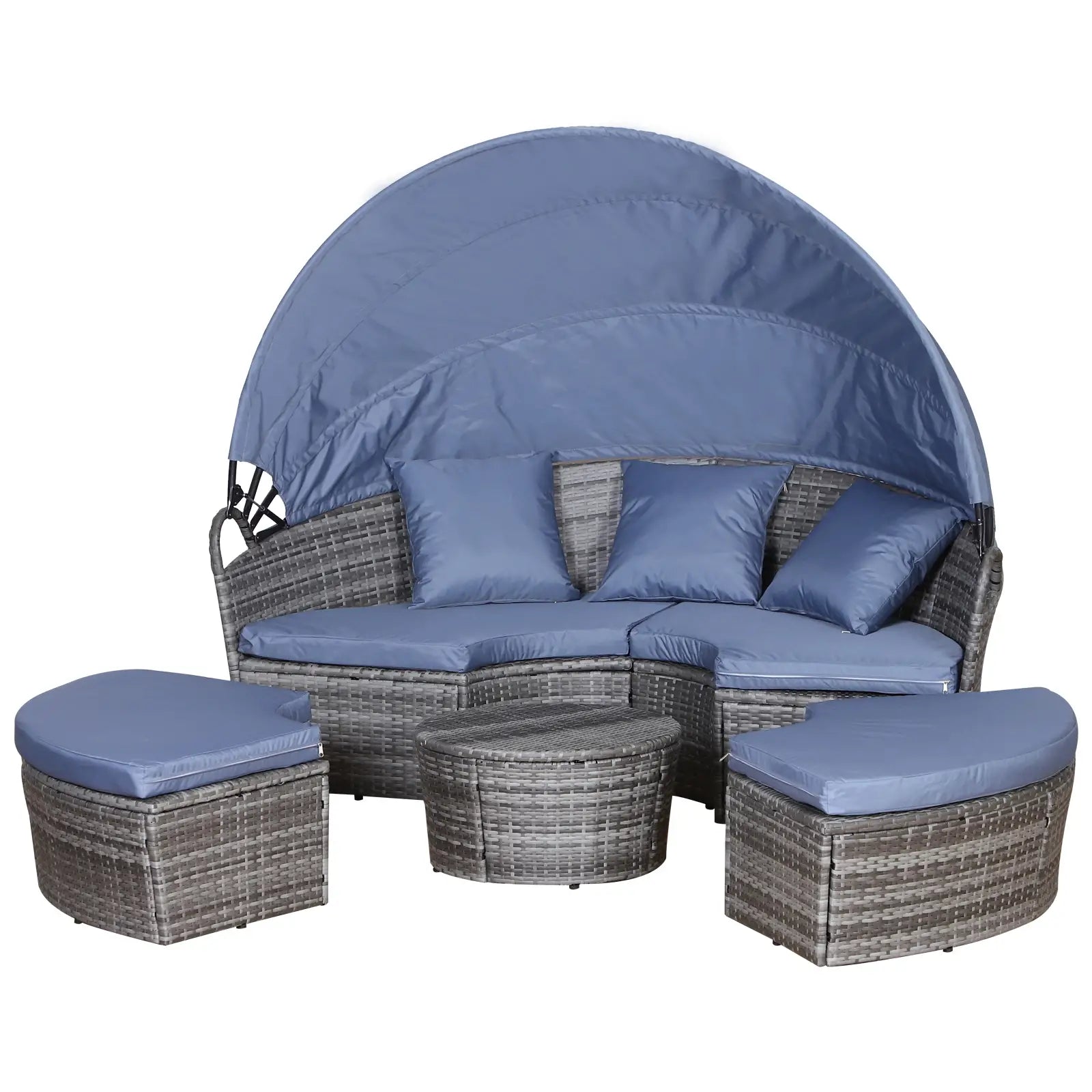 Outdoor furniture set with blue cushions and canopy on a white background