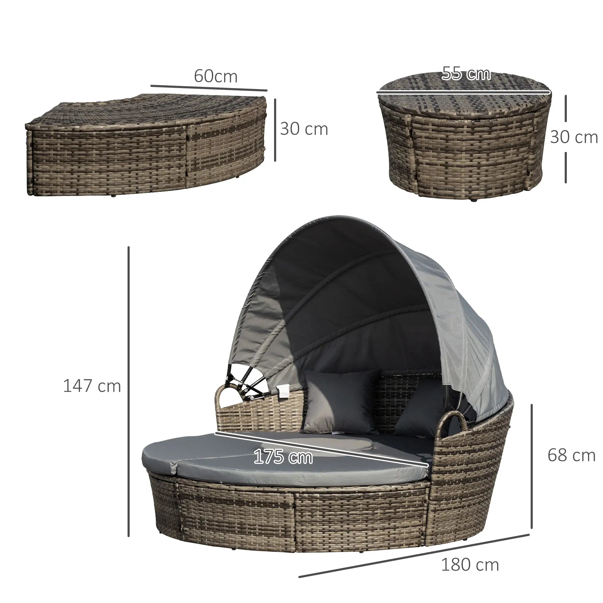Wicker outdoor lounge chair with canopy and dimensions on a white background