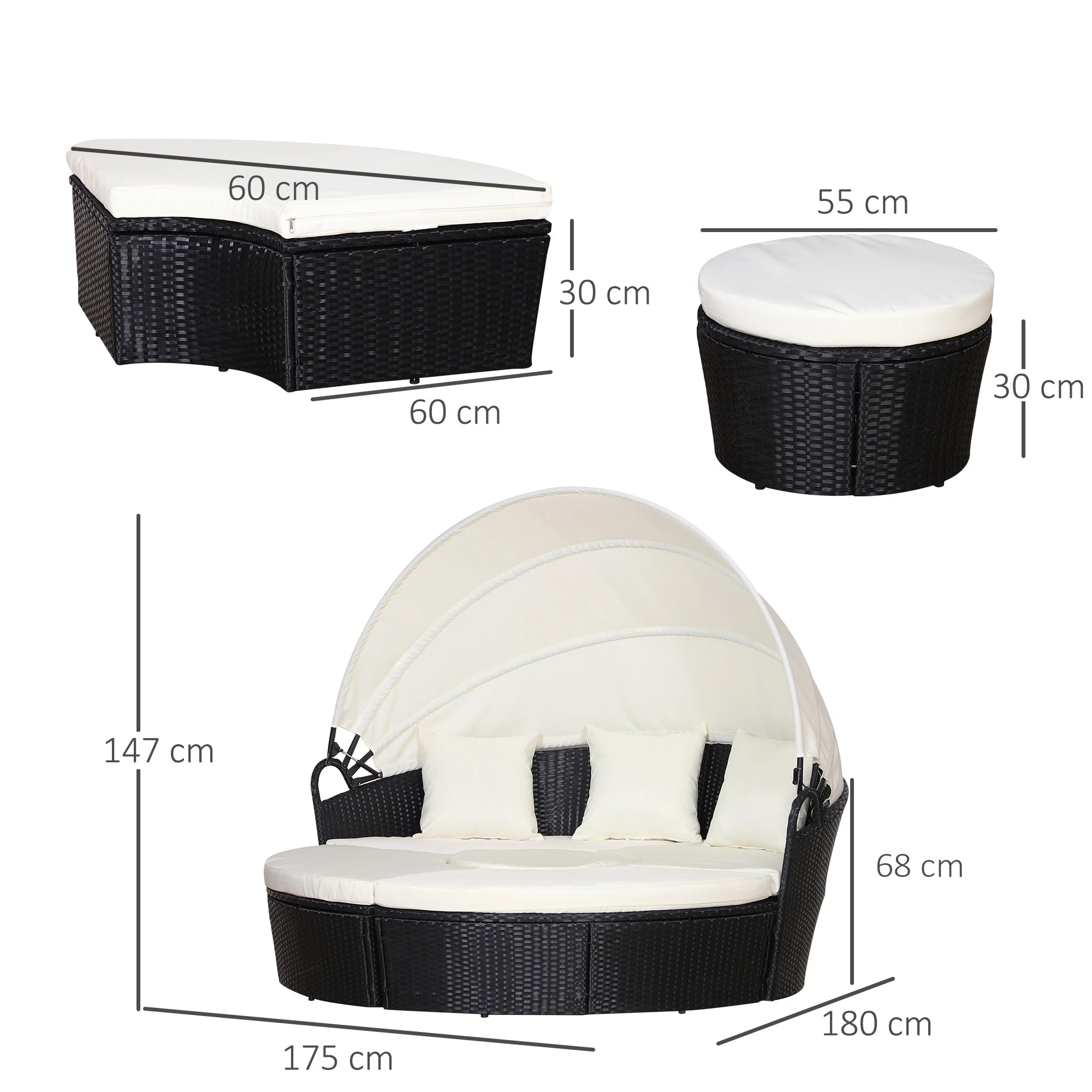 Dimensions of a black and white outdoor furniture set with a swing chair, table, and ottoman.