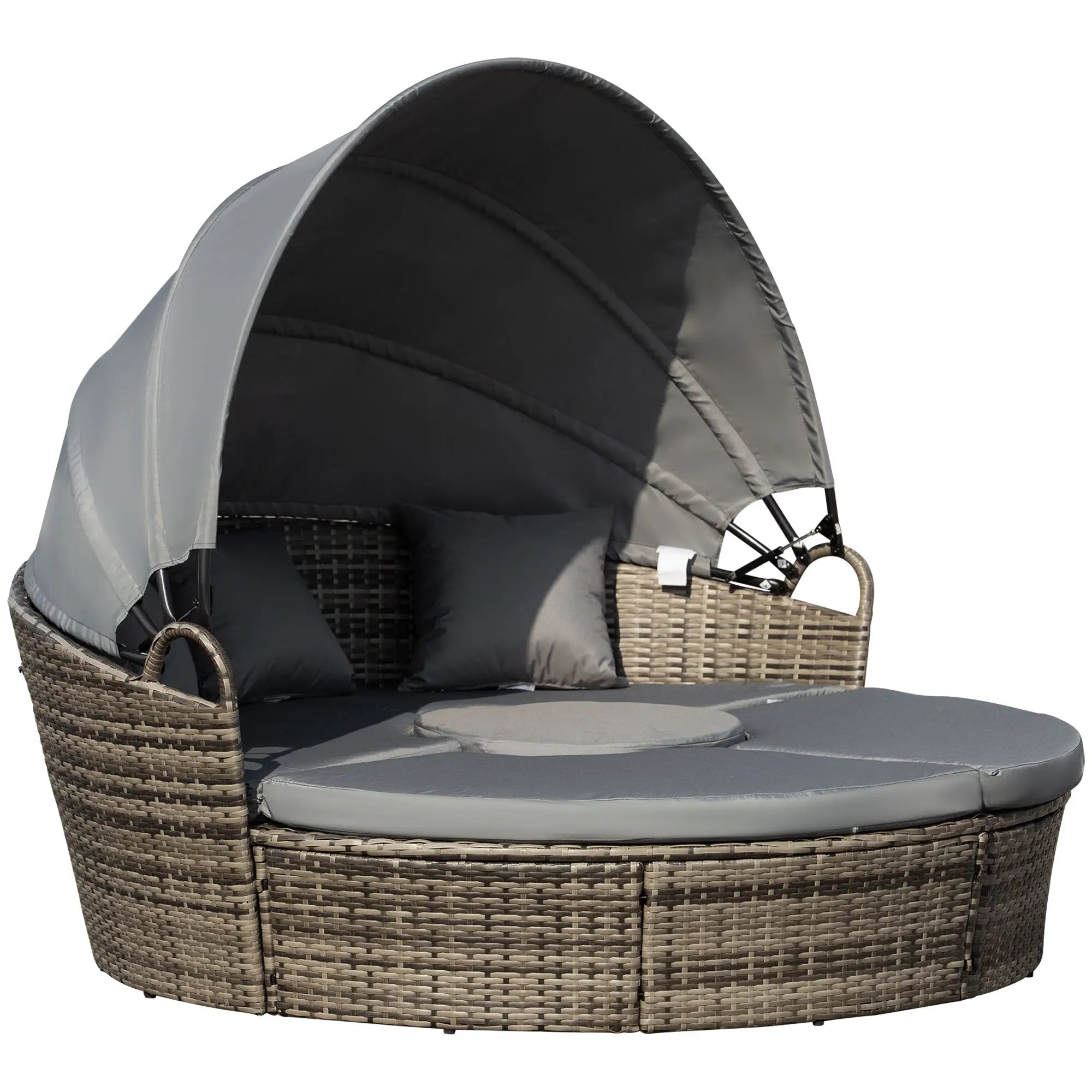Wicker outdoor lounge chair with canopy on a white background